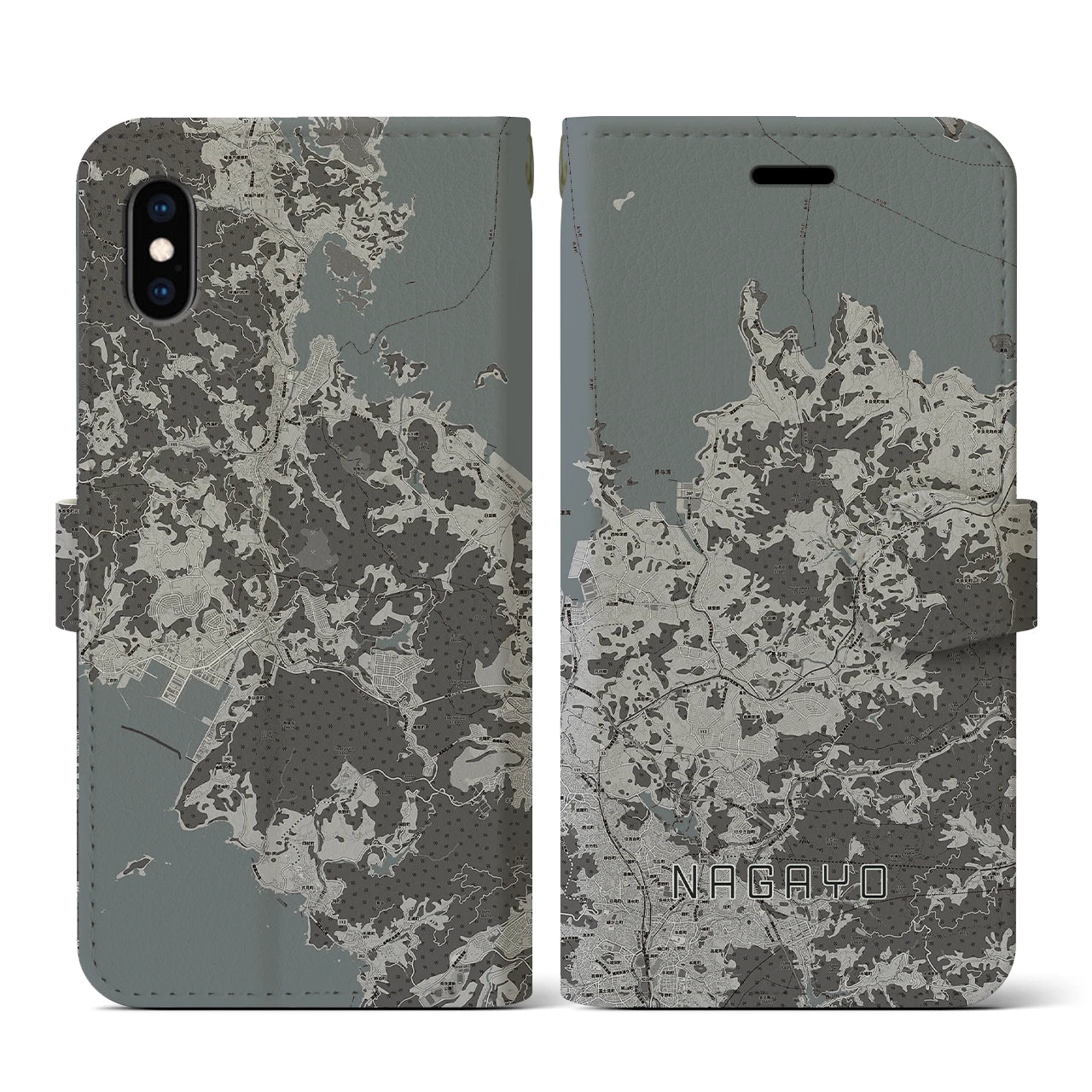 【長与(長崎県)】地図柄iPhoneケース(手帳タイプ)モノトーン・iPhone XS / X 用