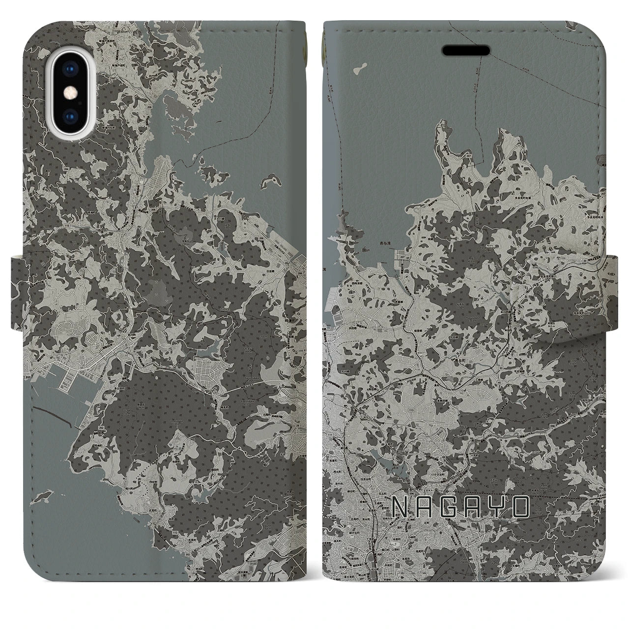 【長与(長崎県)】地図柄iPhoneケース(手帳タイプ)モノトーン・iPhone XS Max 用