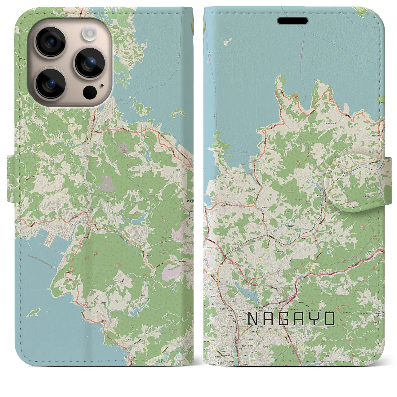 【長与(長崎県)】地図柄iPhoneケース(手帳タイプ)ナチュラル・iPhone 16 Plus 用