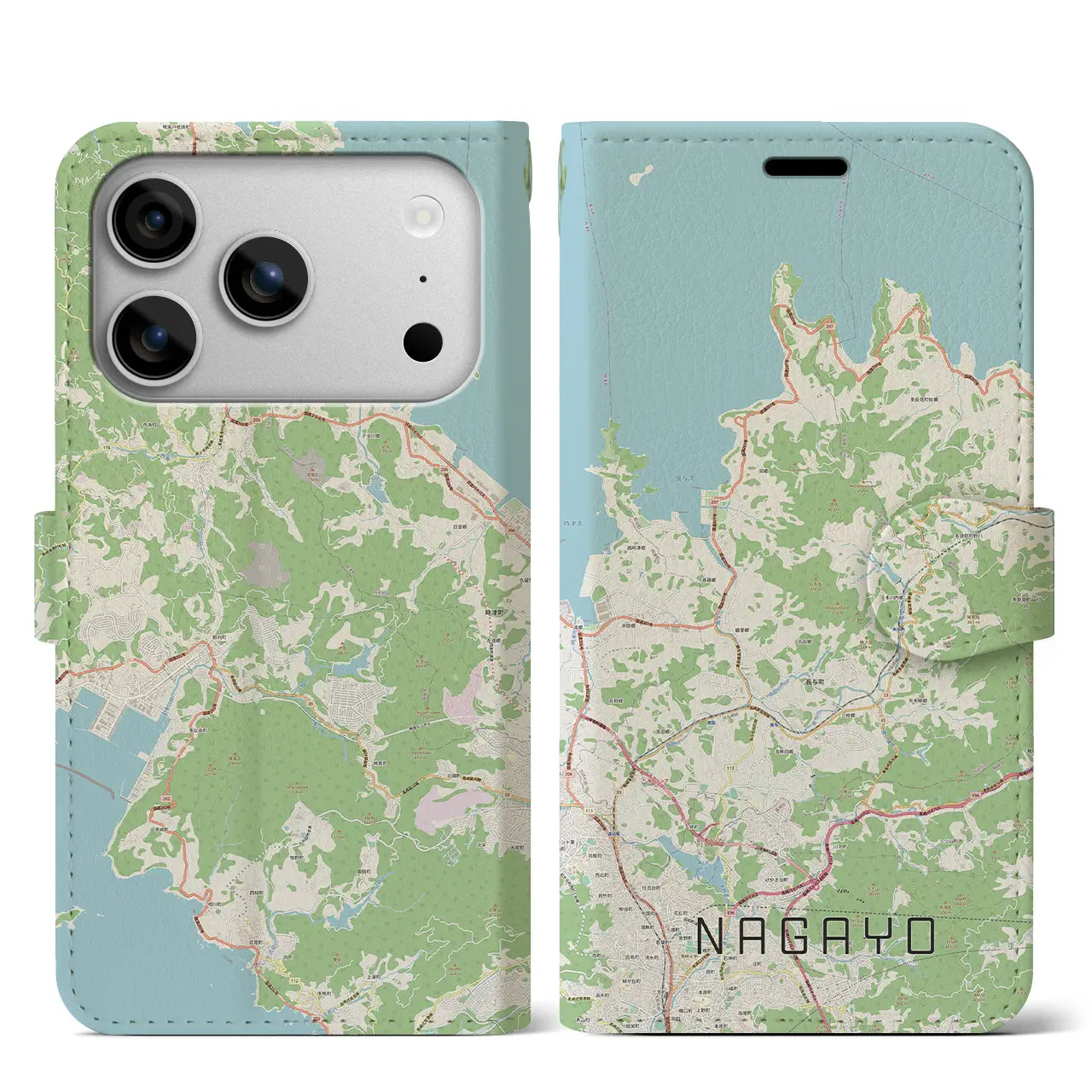 【長与(長崎県)】地図柄iPhoneケース(手帳タイプ)ナチュラル・iPhone 17 Pro Max 用