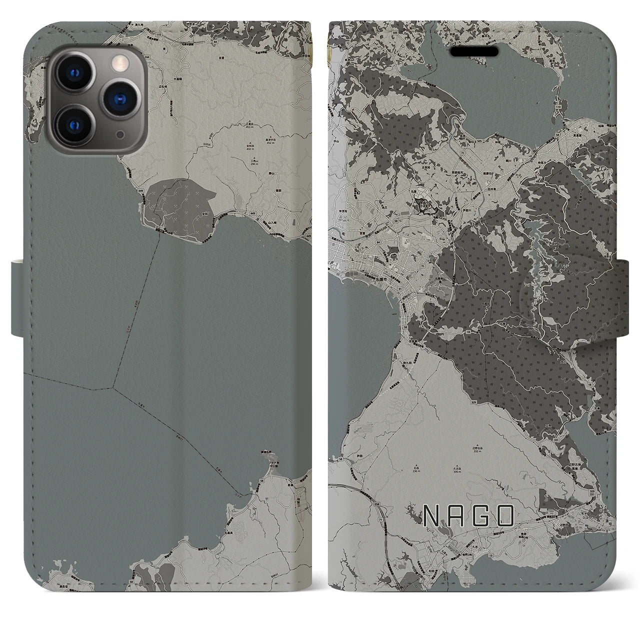【名護(沖縄県)】地図柄iPhoneケース(手帳タイプ)モノトーン・iPhone 11 Pro Max 用