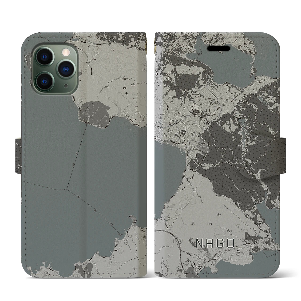 【名護(沖縄県)】地図柄iPhoneケース(手帳タイプ)モノトーン・iPhone 11 Pro 用