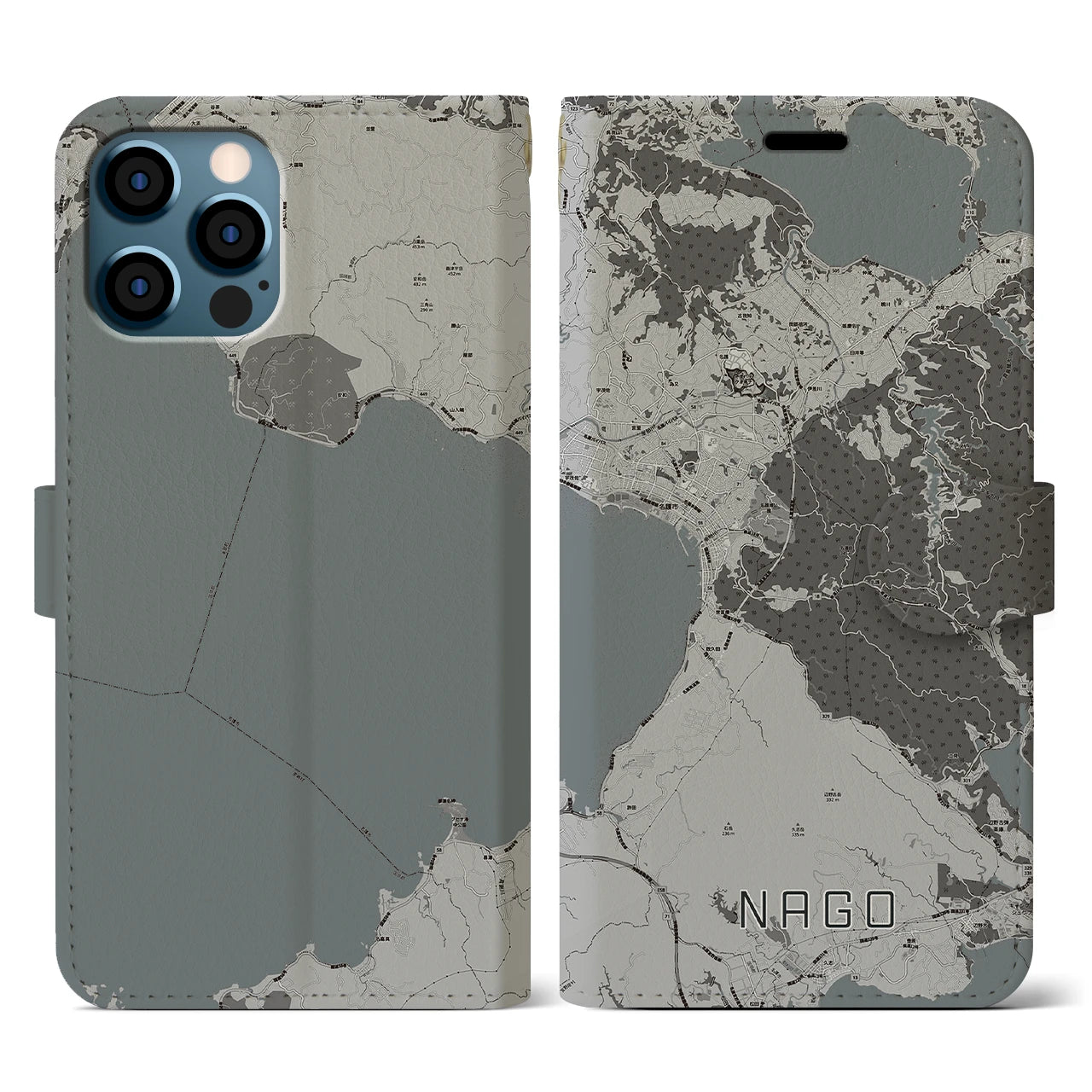 【名護(沖縄県)】地図柄iPhoneケース(手帳タイプ)モノトーン・iPhone 12 / 12 Pro 用