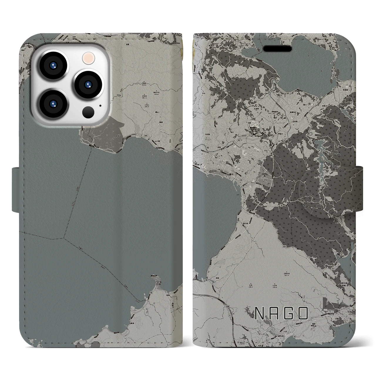 【名護(沖縄県)】地図柄iPhoneケース(手帳タイプ)モノトーン・iPhone 13 Pro 用