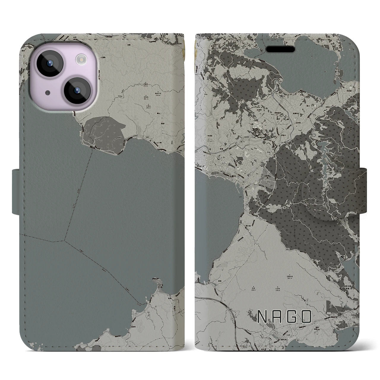 【名護(沖縄県)】地図柄iPhoneケース(手帳タイプ)モノトーン・iPhone 14 用