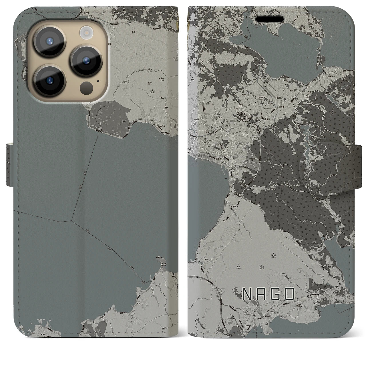 【名護(沖縄県)】地図柄iPhoneケース(手帳タイプ)モノトーン・iPhone 14 Pro Max 用