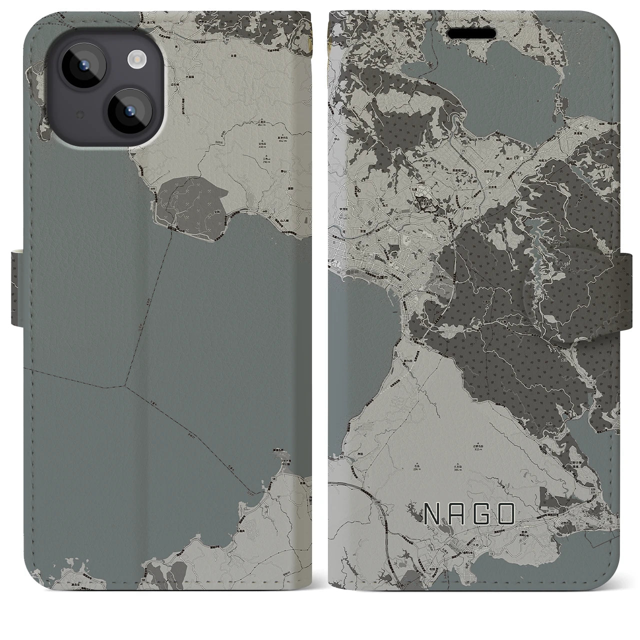 【名護(沖縄県)】地図柄iPhoneケース(手帳タイプ)モノトーン・iPhone 14 Plus 用