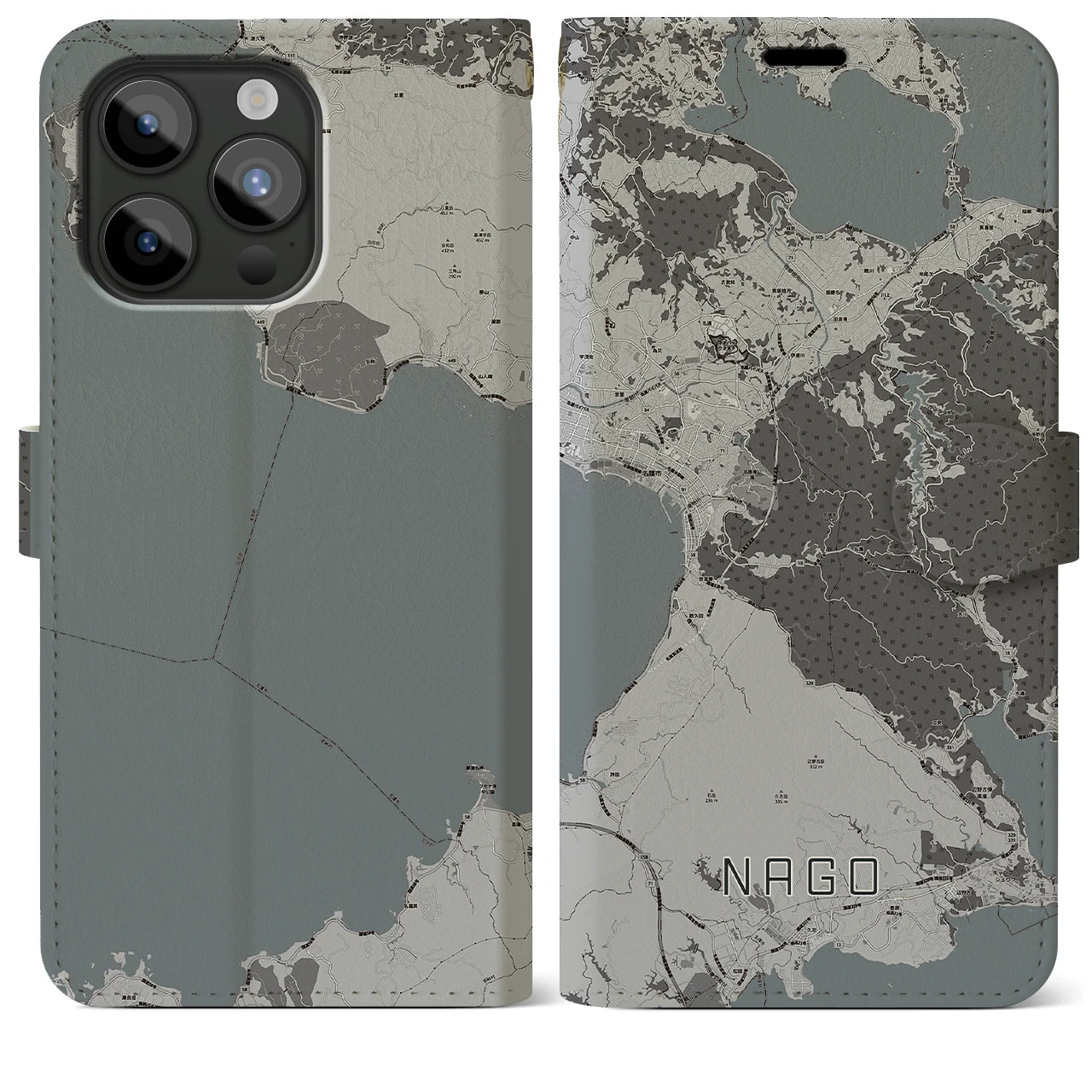 【名護(沖縄県)】地図柄iPhoneケース(手帳タイプ)モノトーン・iPhone 15 Pro Max 用