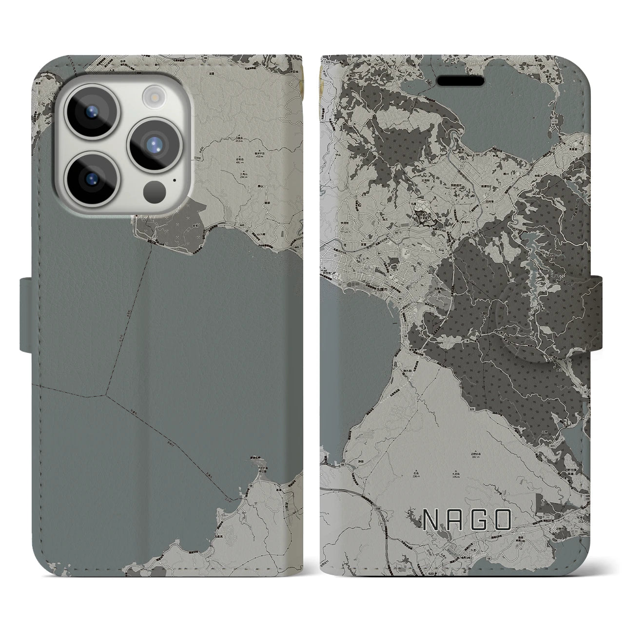 【名護(沖縄県)】地図柄iPhoneケース(手帳タイプ)モノトーン・iPhone 15 Pro 用
