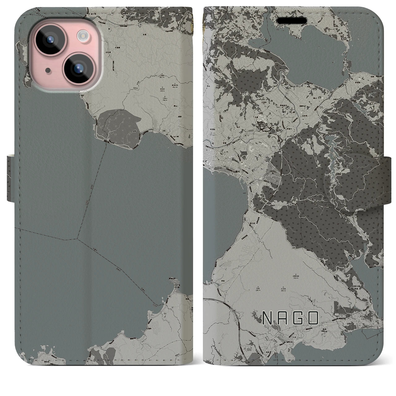 【名護(沖縄県)】地図柄iPhoneケース(手帳タイプ)モノトーン・iPhone 15 Plus 用