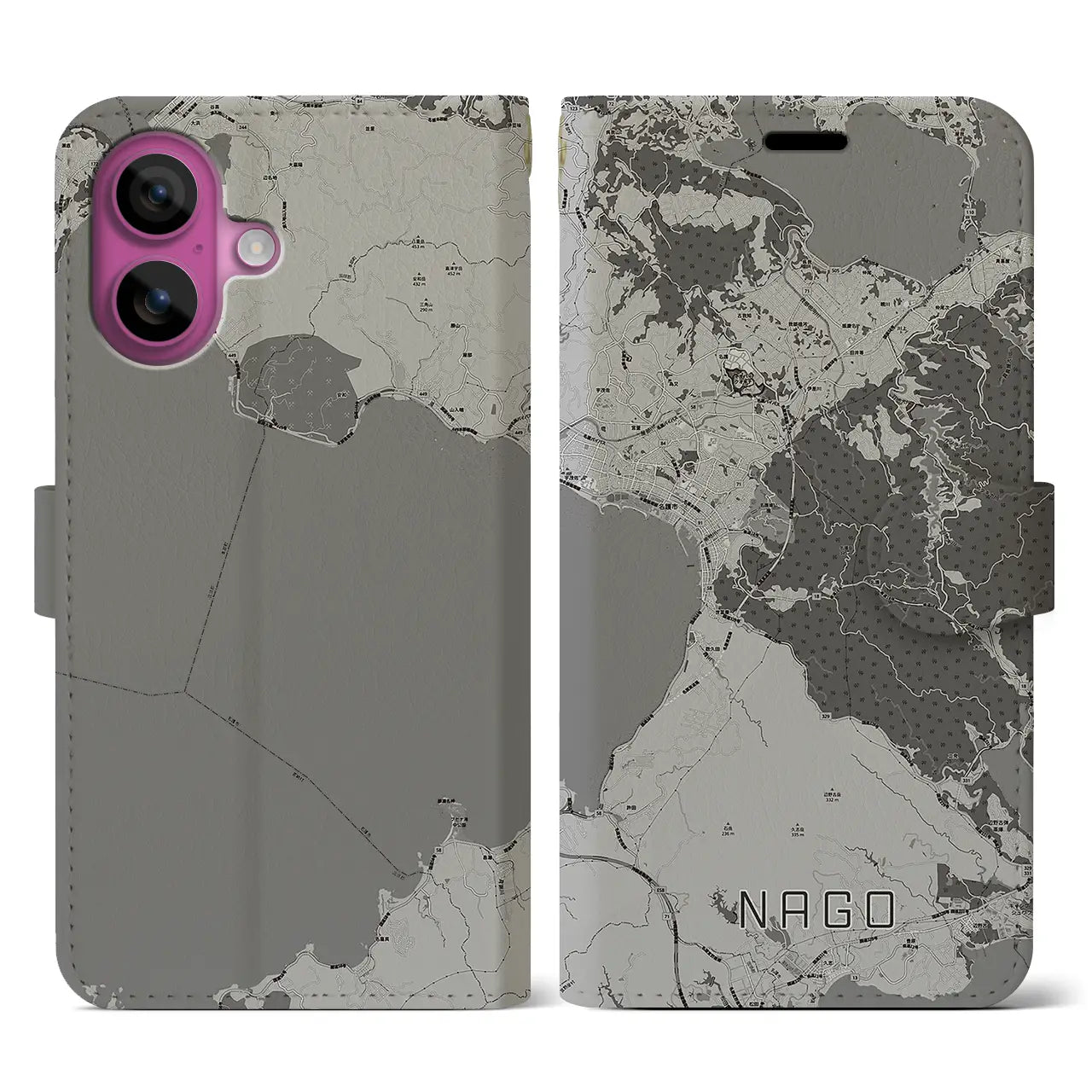 【名護(沖縄県)】地図柄iPhoneケース(手帳タイプ)モノトーン・iPhone 16 Pro 用