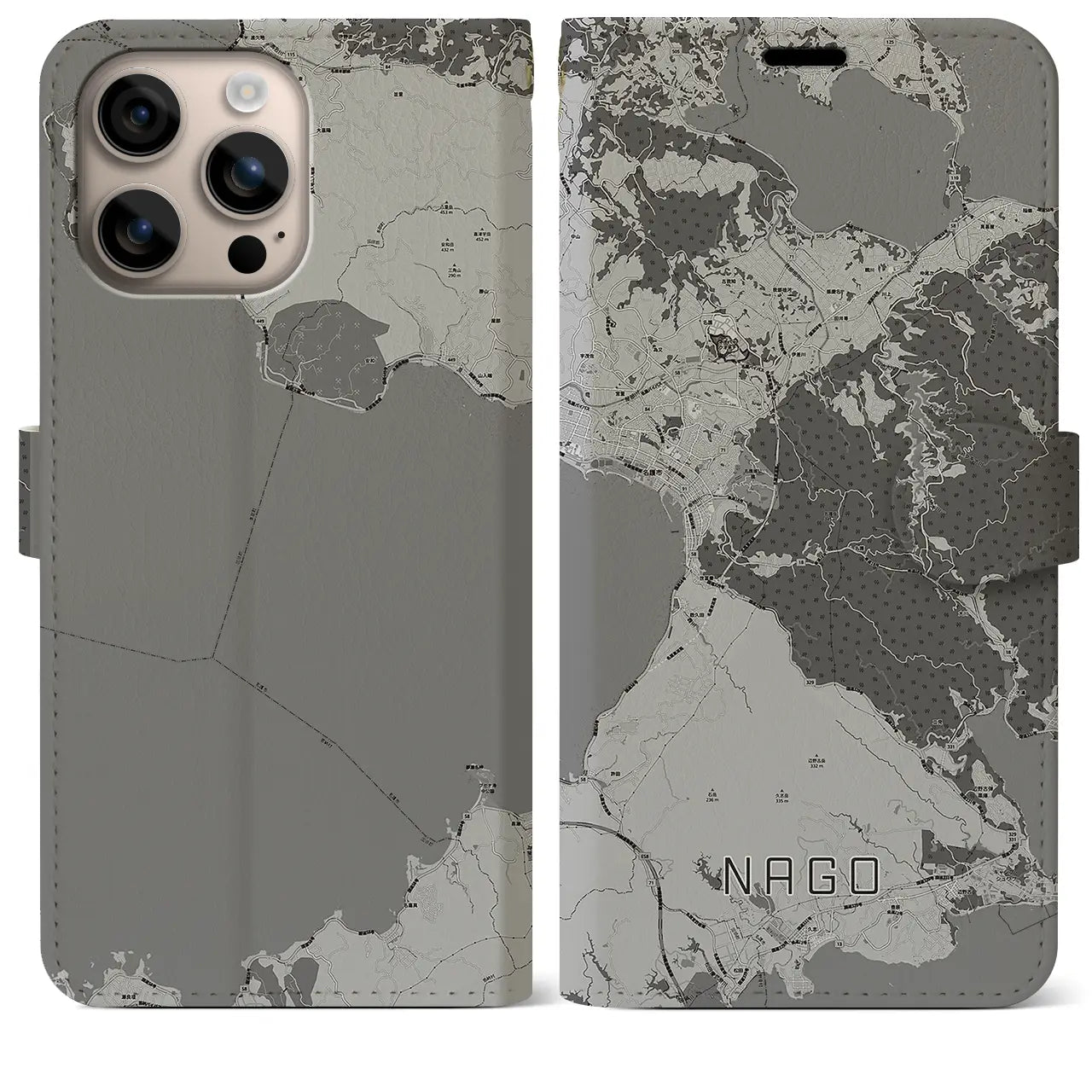 【名護(沖縄県)】地図柄iPhoneケース(手帳タイプ)モノトーン・iPhone 16 Plus 用