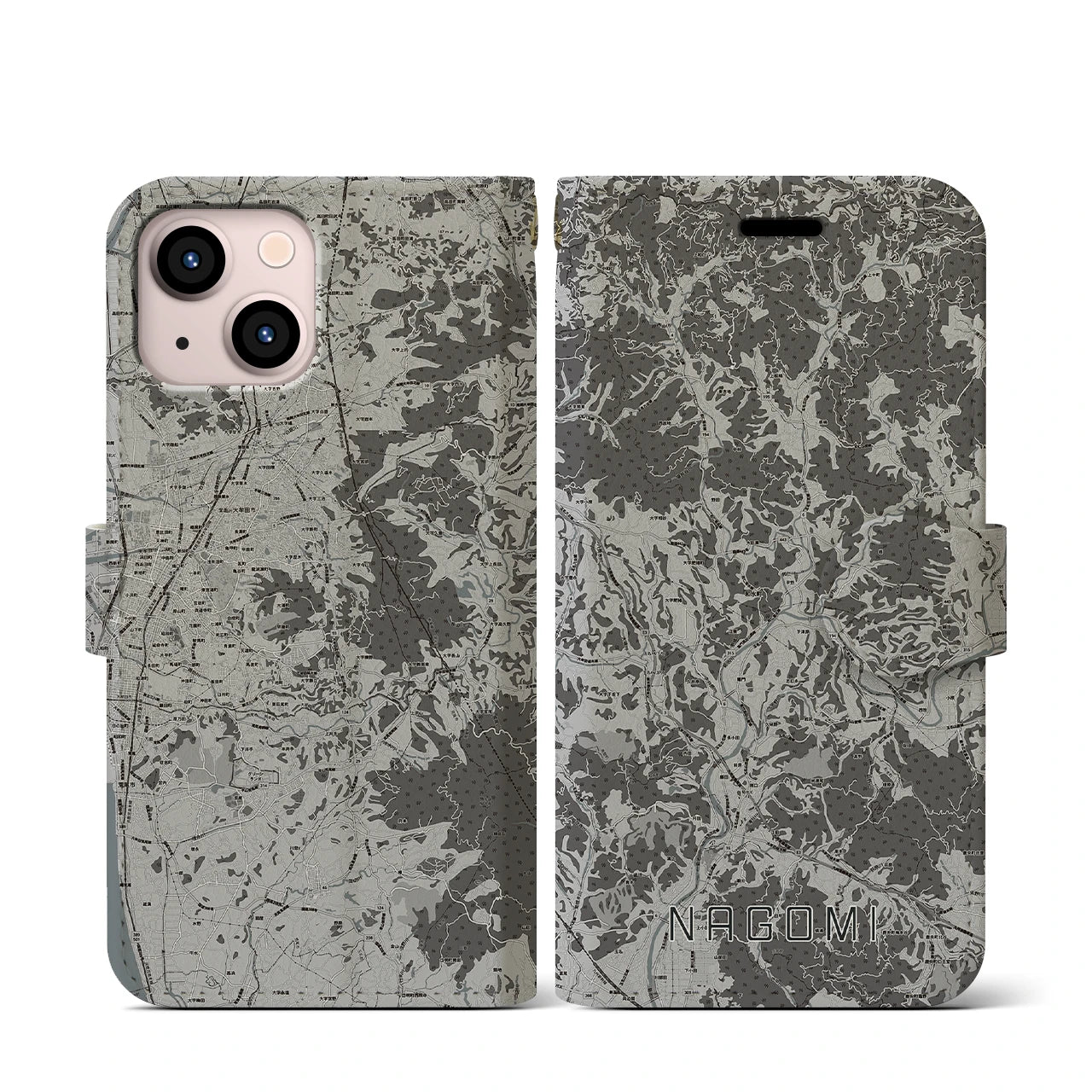 【和水(熊本県)】地図柄iPhoneケース(手帳タイプ)モノトーン・iPhone 13 mini 用