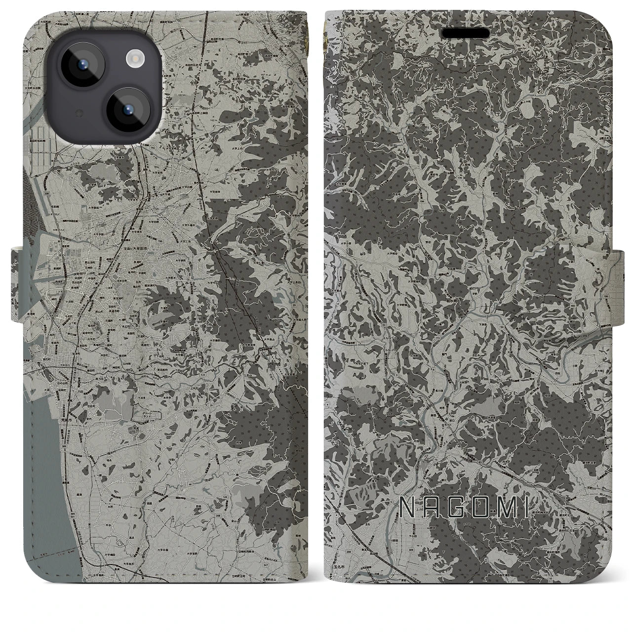 【和水(熊本県)】地図柄iPhoneケース(手帳タイプ)モノトーン・iPhone 14 Plus 用