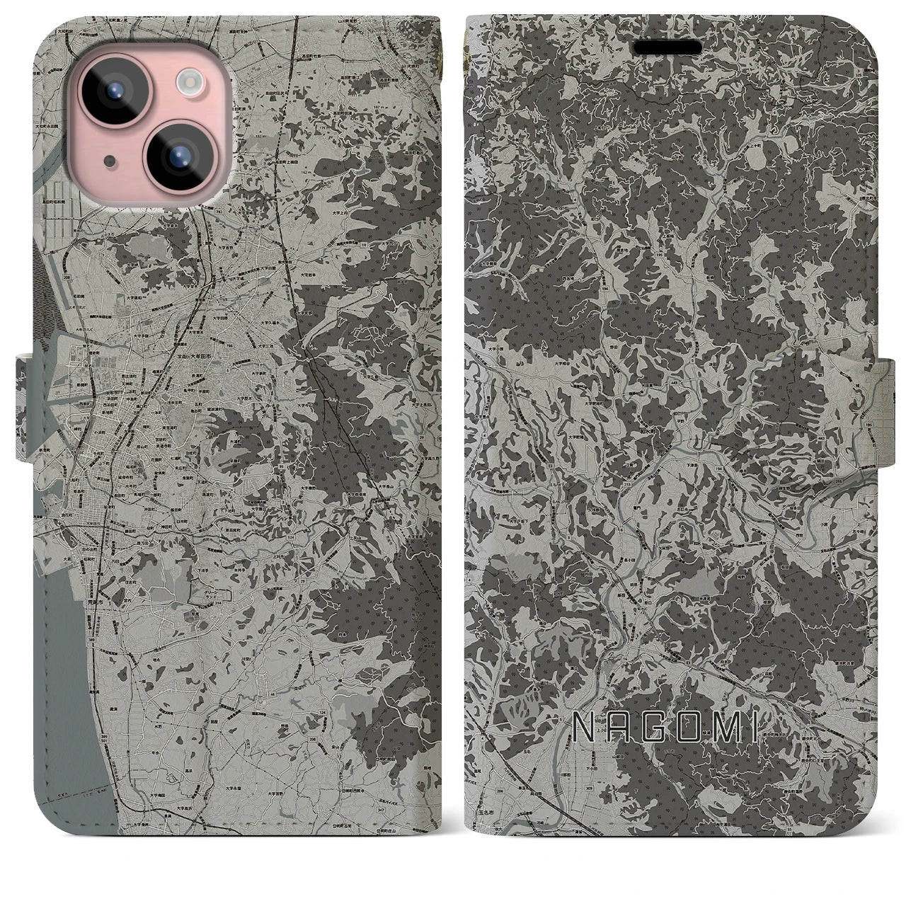 【和水(熊本県)】地図柄iPhoneケース(手帳タイプ)モノトーン・iPhone 15 Plus 用