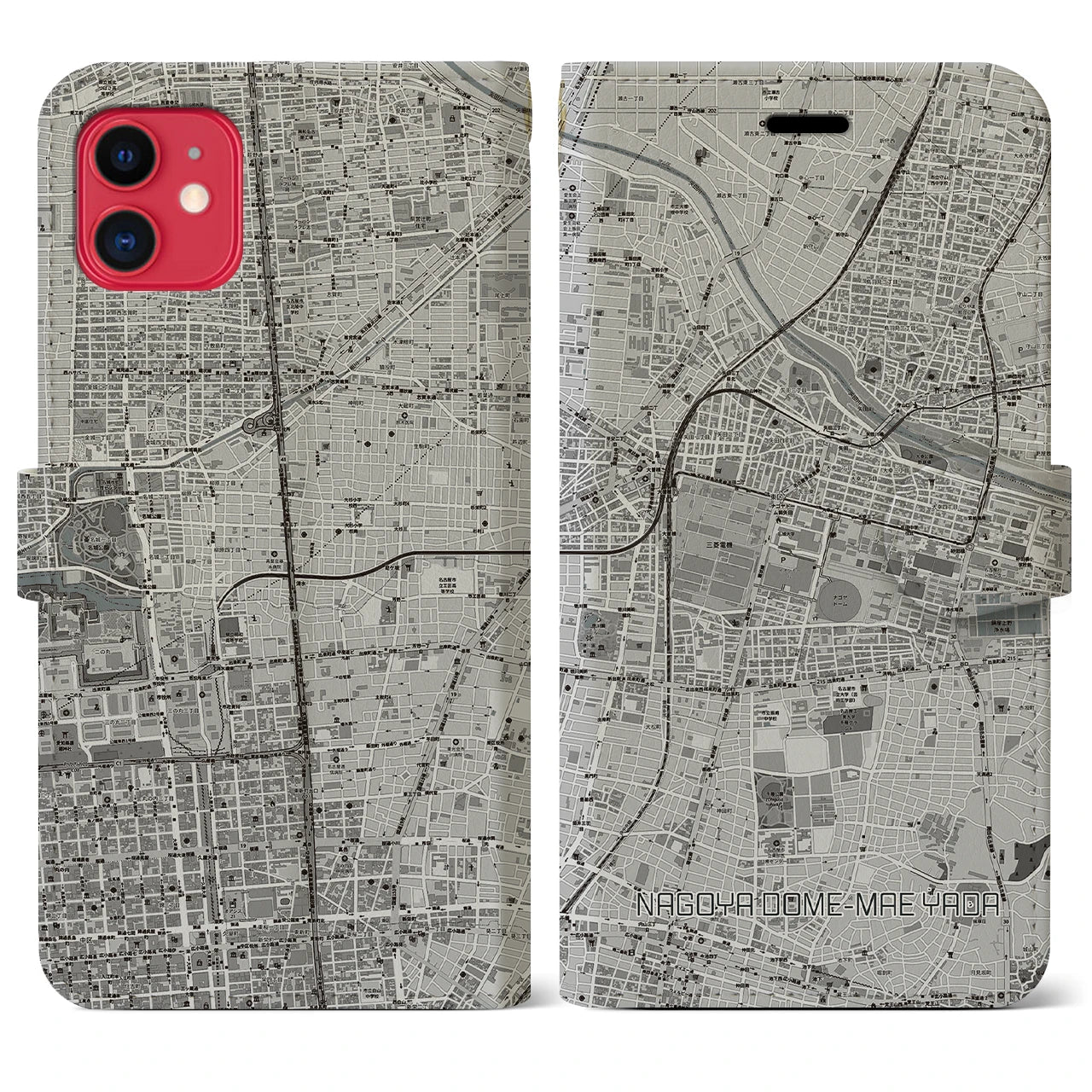 【ナゴヤドーム前矢田(愛知県)】地図柄iPhoneケース(手帳タイプ)モノトーン・iPhone 11 用