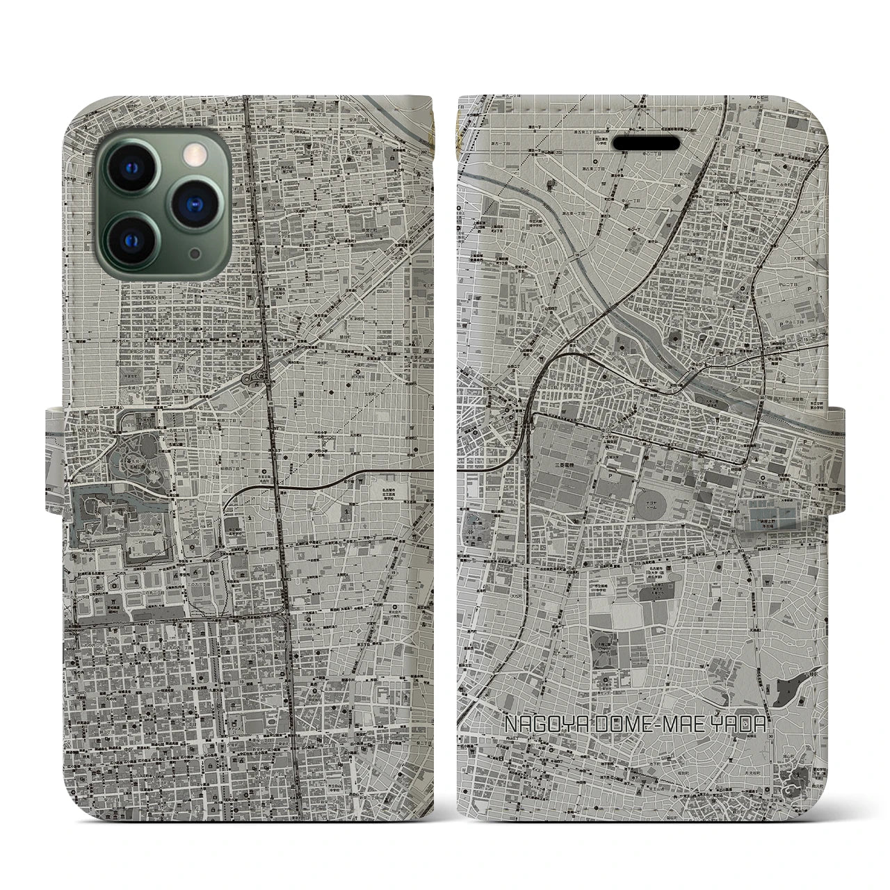 【ナゴヤドーム前矢田(愛知県)】地図柄iPhoneケース(手帳タイプ)モノトーン・iPhone 11 Pro 用