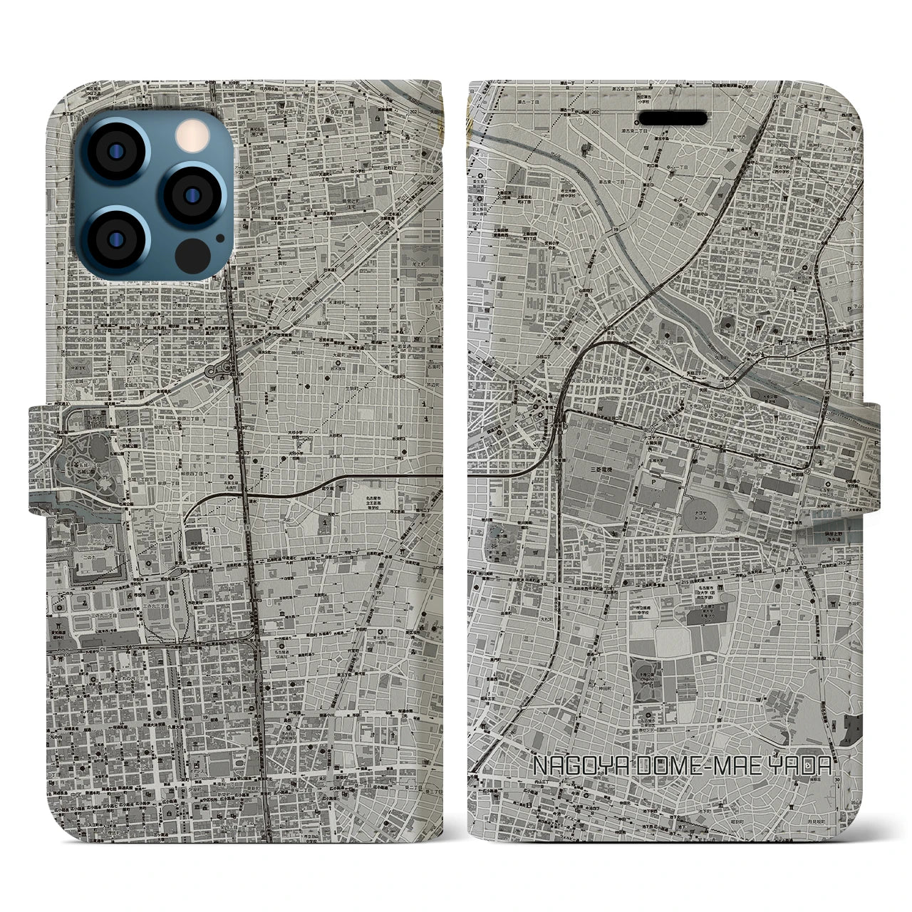 【ナゴヤドーム前矢田(愛知県)】地図柄iPhoneケース(手帳タイプ)モノトーン・iPhone 12 / 12 Pro 用