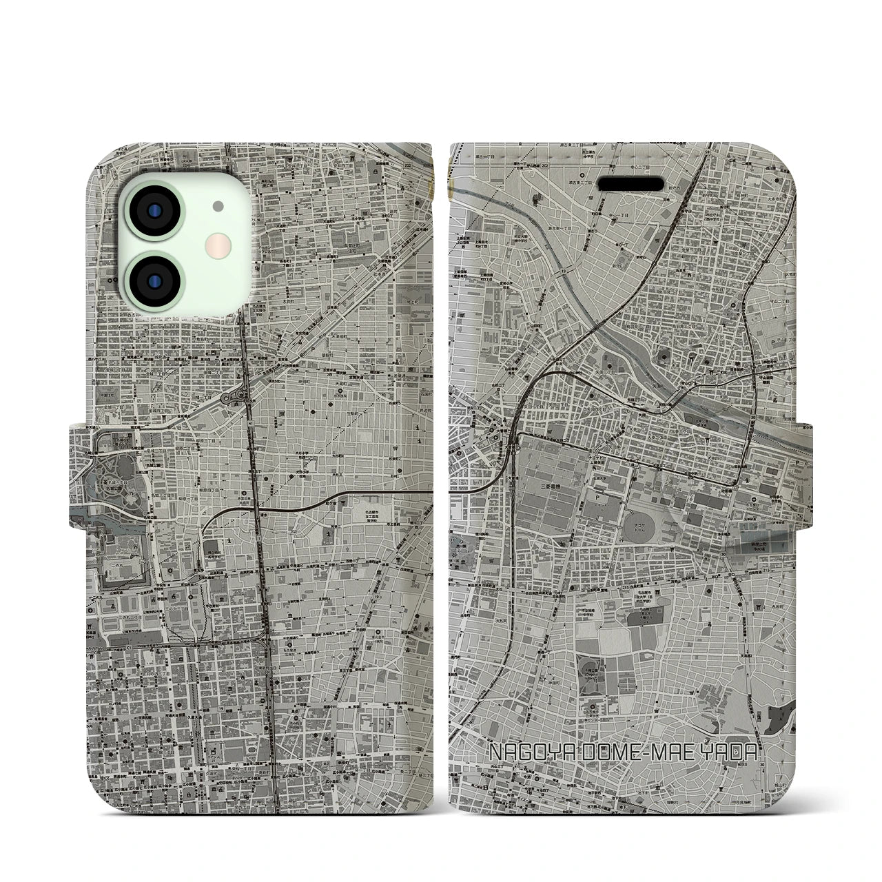 【ナゴヤドーム前矢田(愛知県)】地図柄iPhoneケース(手帳タイプ)モノトーン・iPhone 12 mini 用