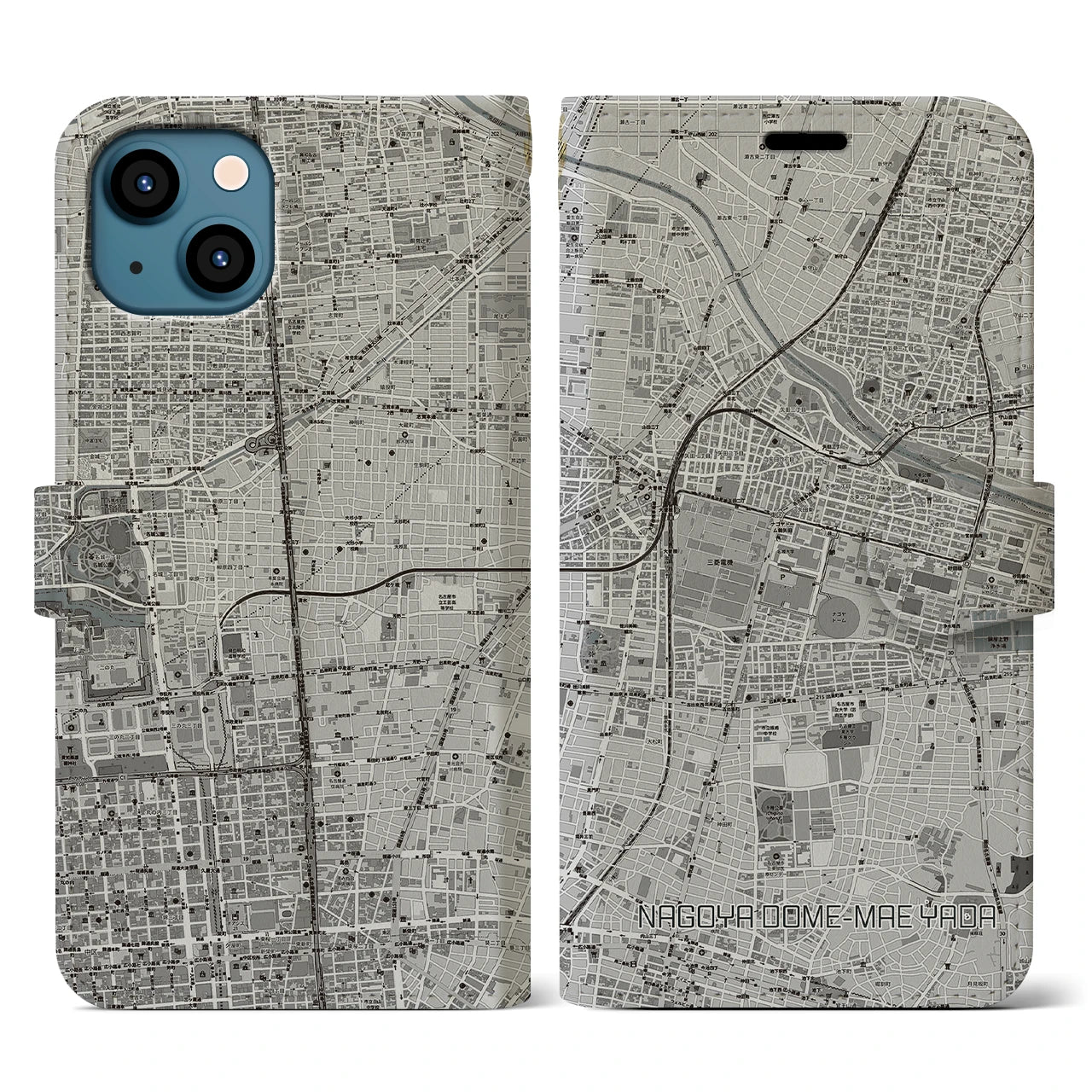 【ナゴヤドーム前矢田(愛知県)】地図柄iPhoneケース(手帳タイプ)モノトーン・iPhone 13 用
