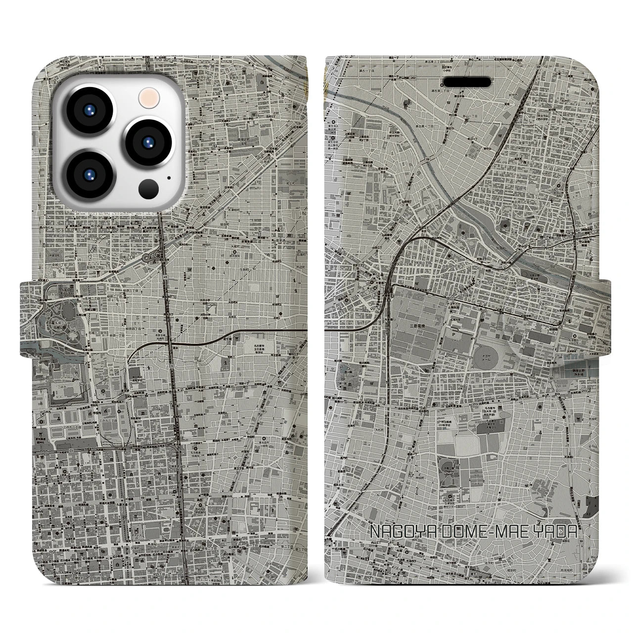 【ナゴヤドーム前矢田(愛知県)】地図柄iPhoneケース(手帳タイプ)モノトーン・iPhone 13 Pro 用