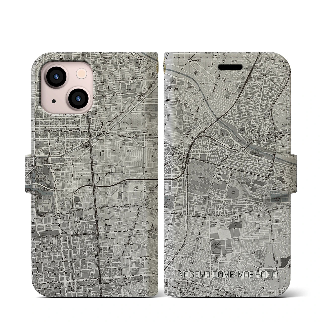 【ナゴヤドーム前矢田(愛知県)】地図柄iPhoneケース(手帳タイプ)モノトーン・iPhone 13 mini 用