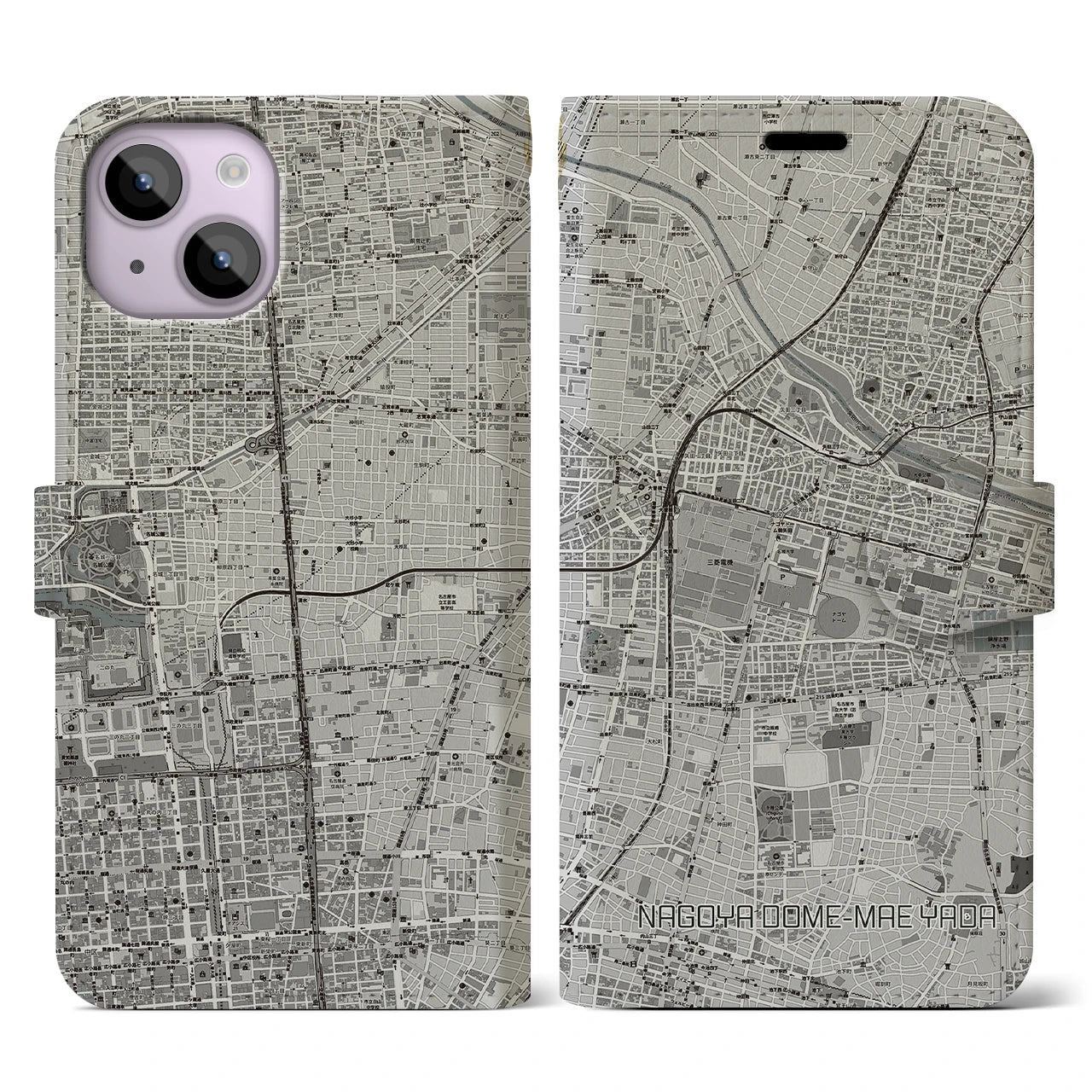 【ナゴヤドーム前矢田(愛知県)】地図柄iPhoneケース(手帳タイプ)モノトーン・iPhone 14 用