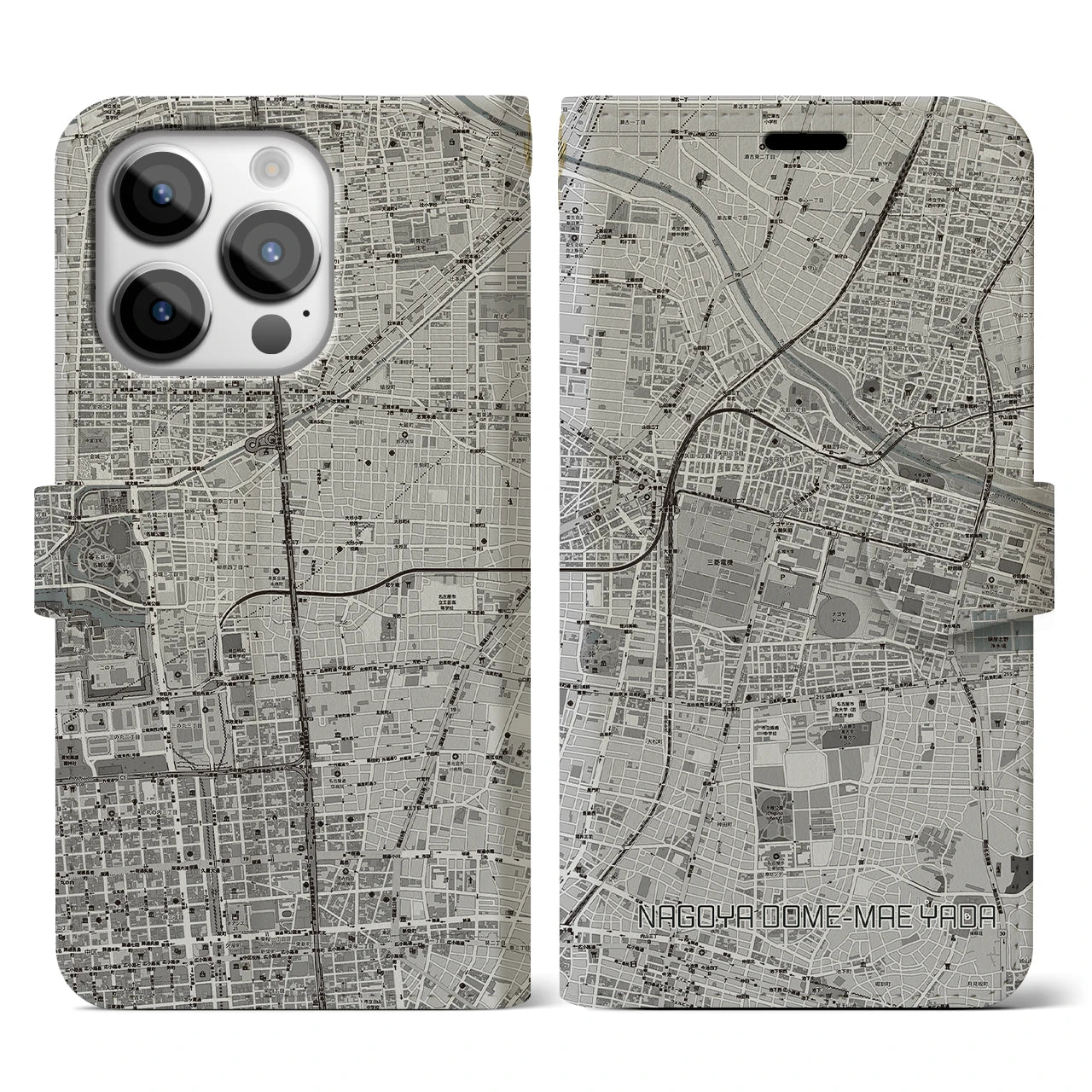 【ナゴヤドーム前矢田(愛知県)】地図柄iPhoneケース(手帳タイプ)モノトーン・iPhone 14 Pro 用