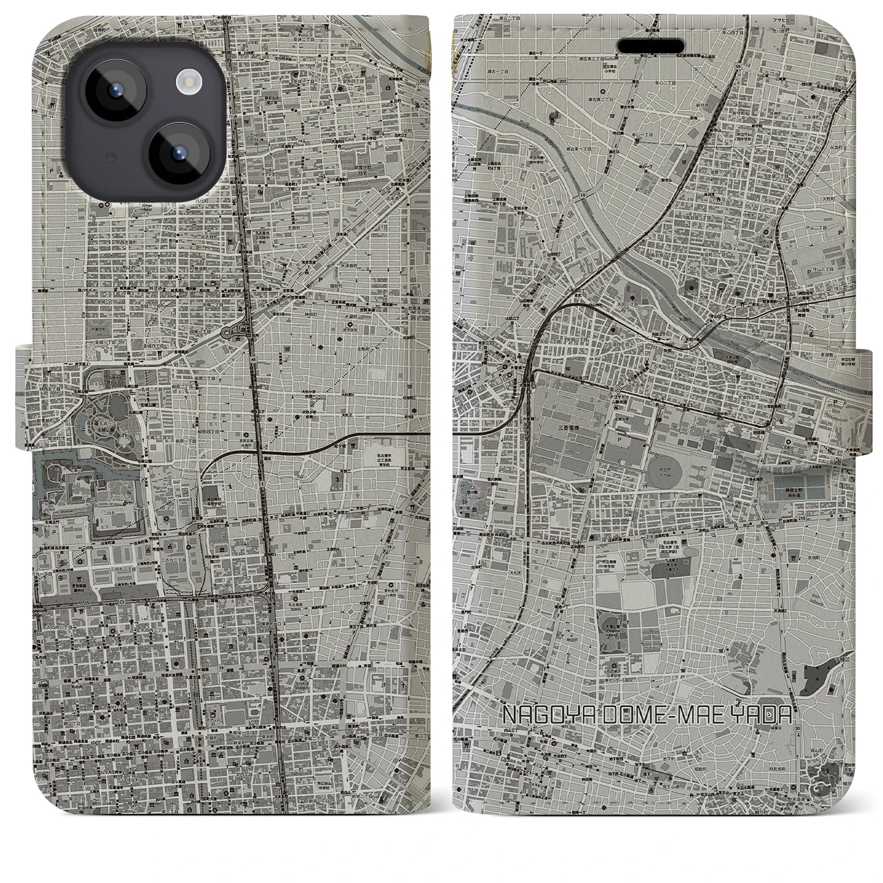 【ナゴヤドーム前矢田(愛知県)】地図柄iPhoneケース(手帳タイプ)モノトーン・iPhone 14 Plus 用