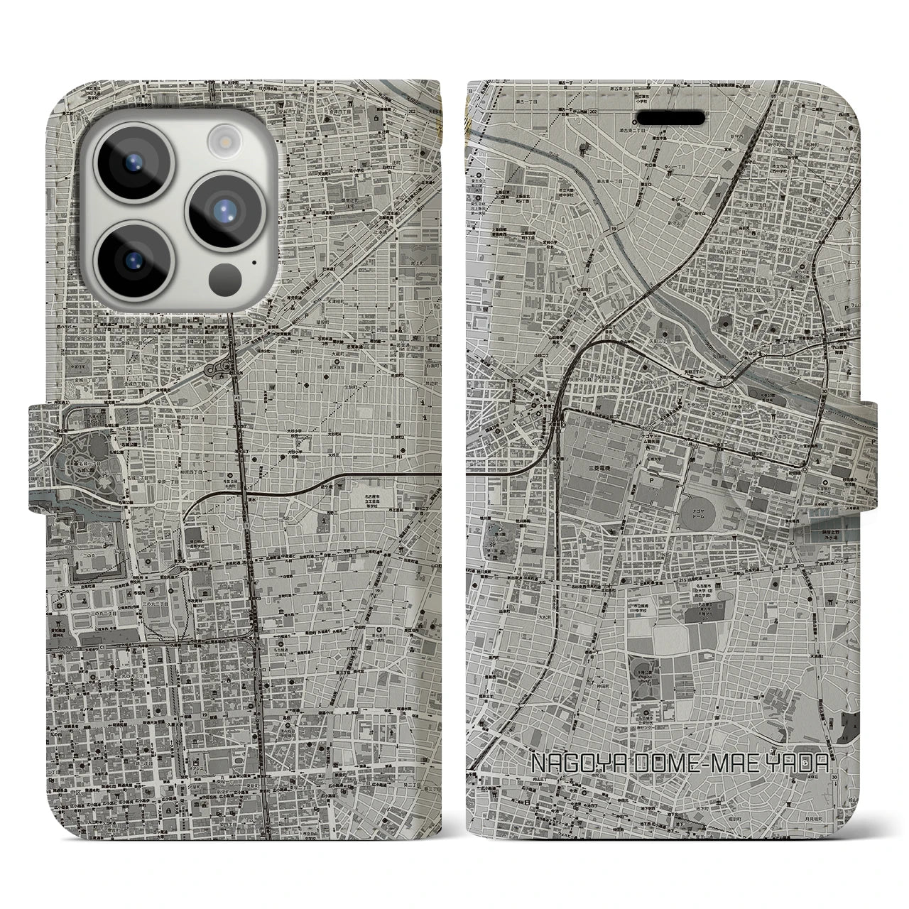 【ナゴヤドーム前矢田(愛知県)】地図柄iPhoneケース(手帳タイプ)モノトーン・iPhone 15 Pro 用