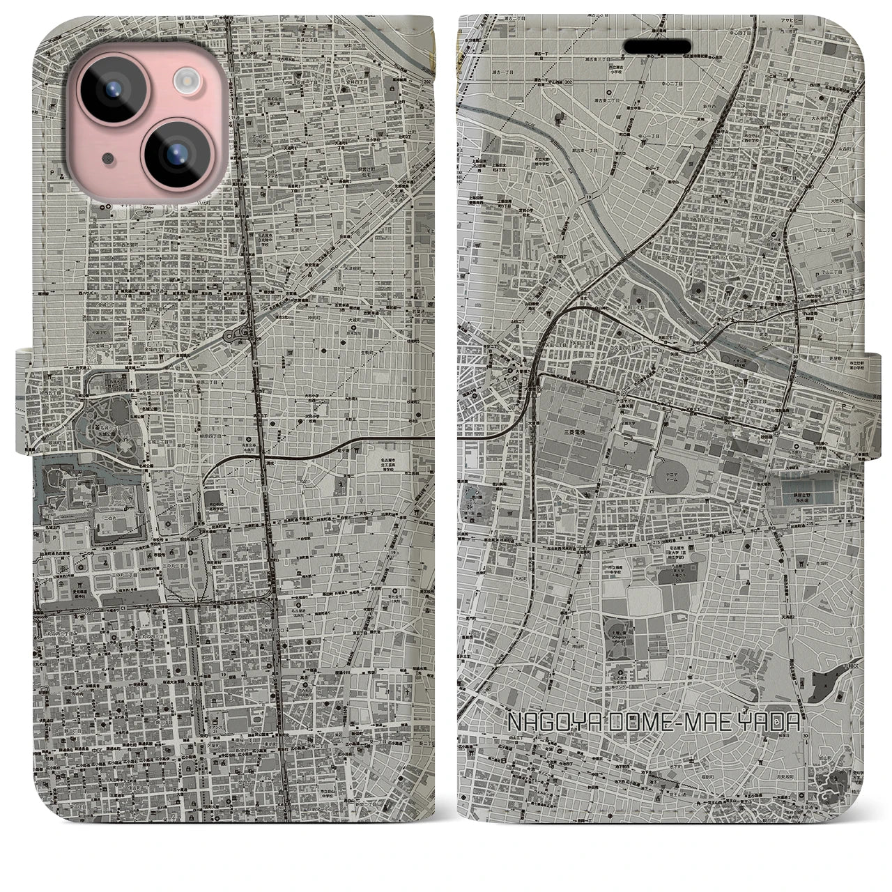 【ナゴヤドーム前矢田(愛知県)】地図柄iPhoneケース(手帳タイプ)モノトーン・iPhone 15 Plus 用