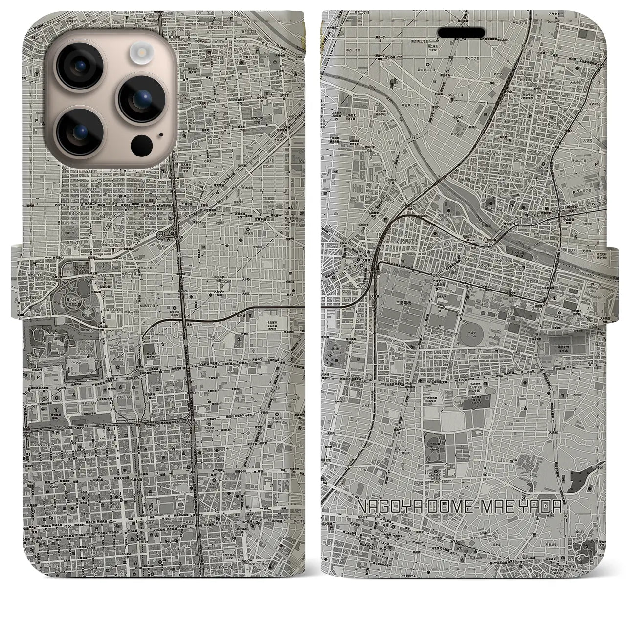 【ナゴヤドーム前矢田(愛知県)】地図柄iPhoneケース(手帳タイプ)モノトーン・iPhone 16 Plus 用