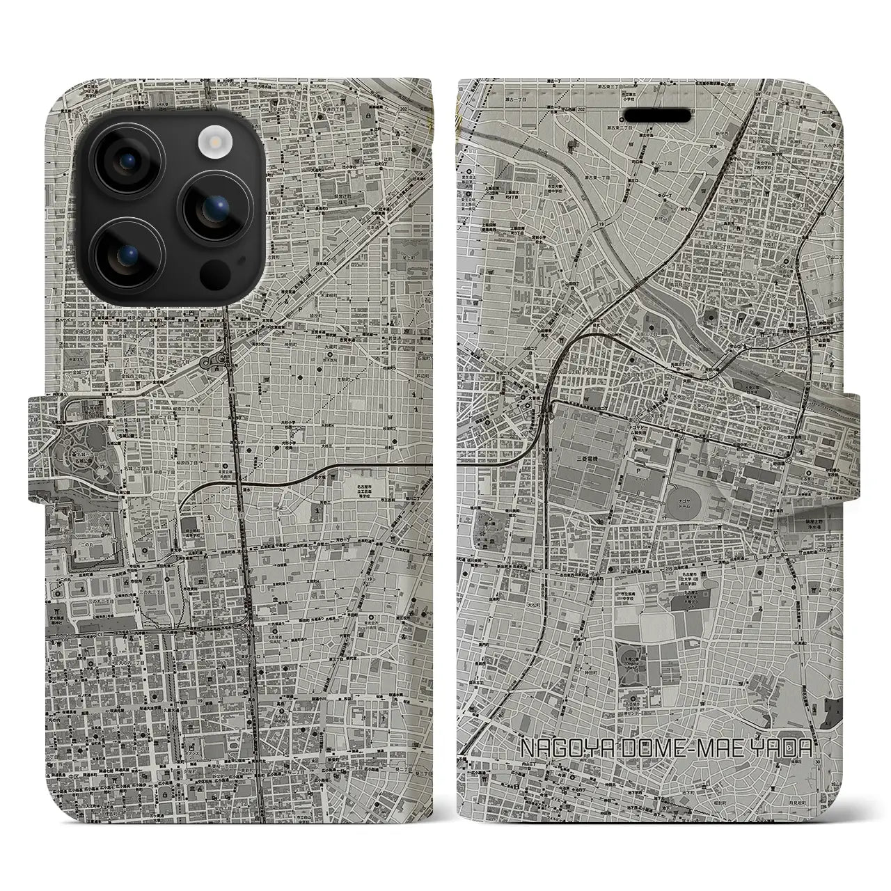 【ナゴヤドーム前矢田(愛知県)】地図柄iPhoneケース(手帳タイプ)モノトーン・iPhone 16 用