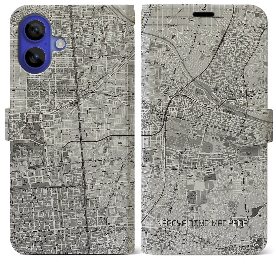 【ナゴヤドーム前矢田(愛知県)】地図柄iPhoneケース(手帳タイプ)モノトーン・iPhone 16 Pro Max 用