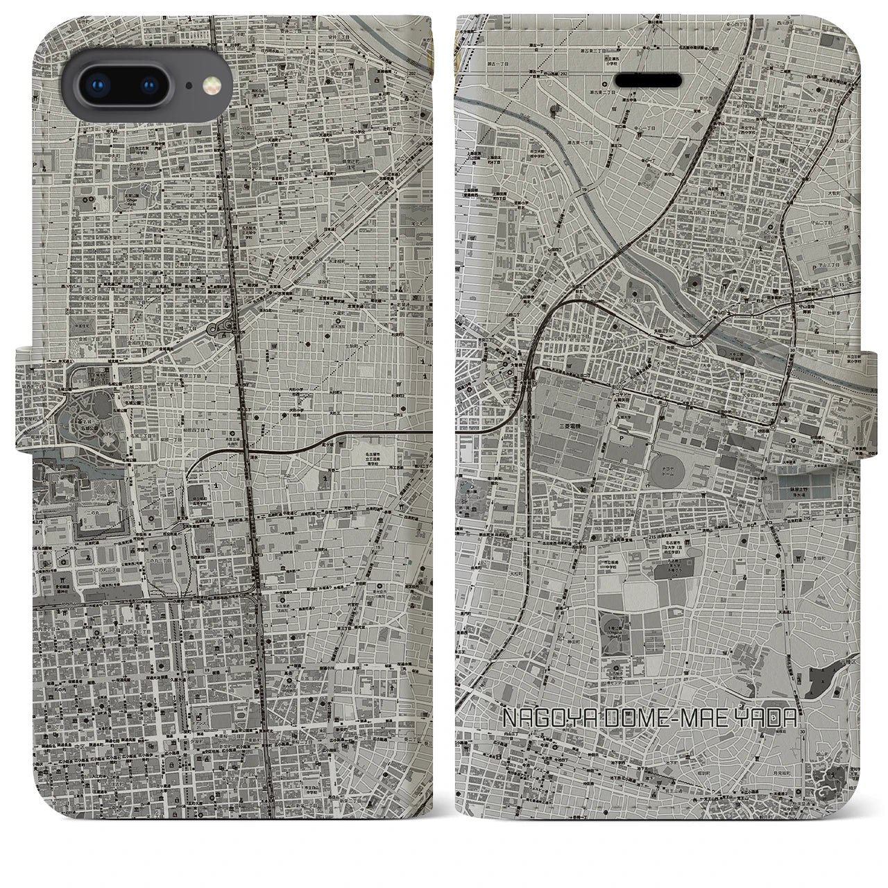 【ナゴヤドーム前矢田(愛知県)】地図柄iPhoneケース(手帳タイプ)モノトーン・iPhone 8Plus /7Plus / 6sPlus / 6Plus 用