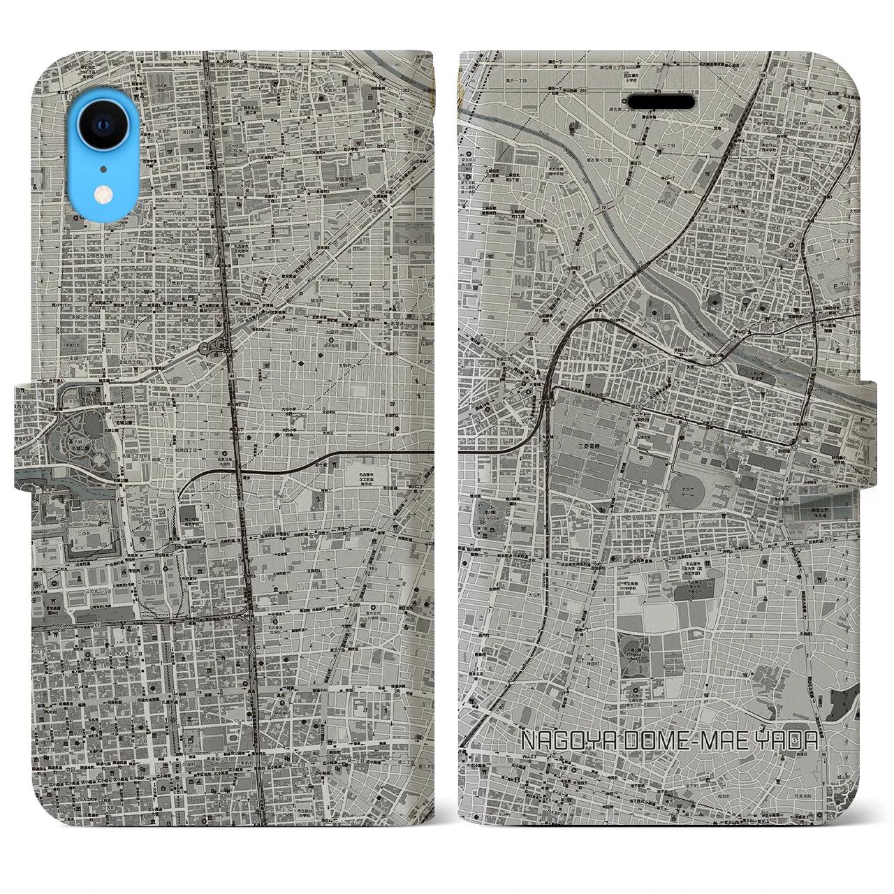 【ナゴヤドーム前矢田(愛知県)】地図柄iPhoneケース(手帳タイプ)モノトーン・iPhone XR 用