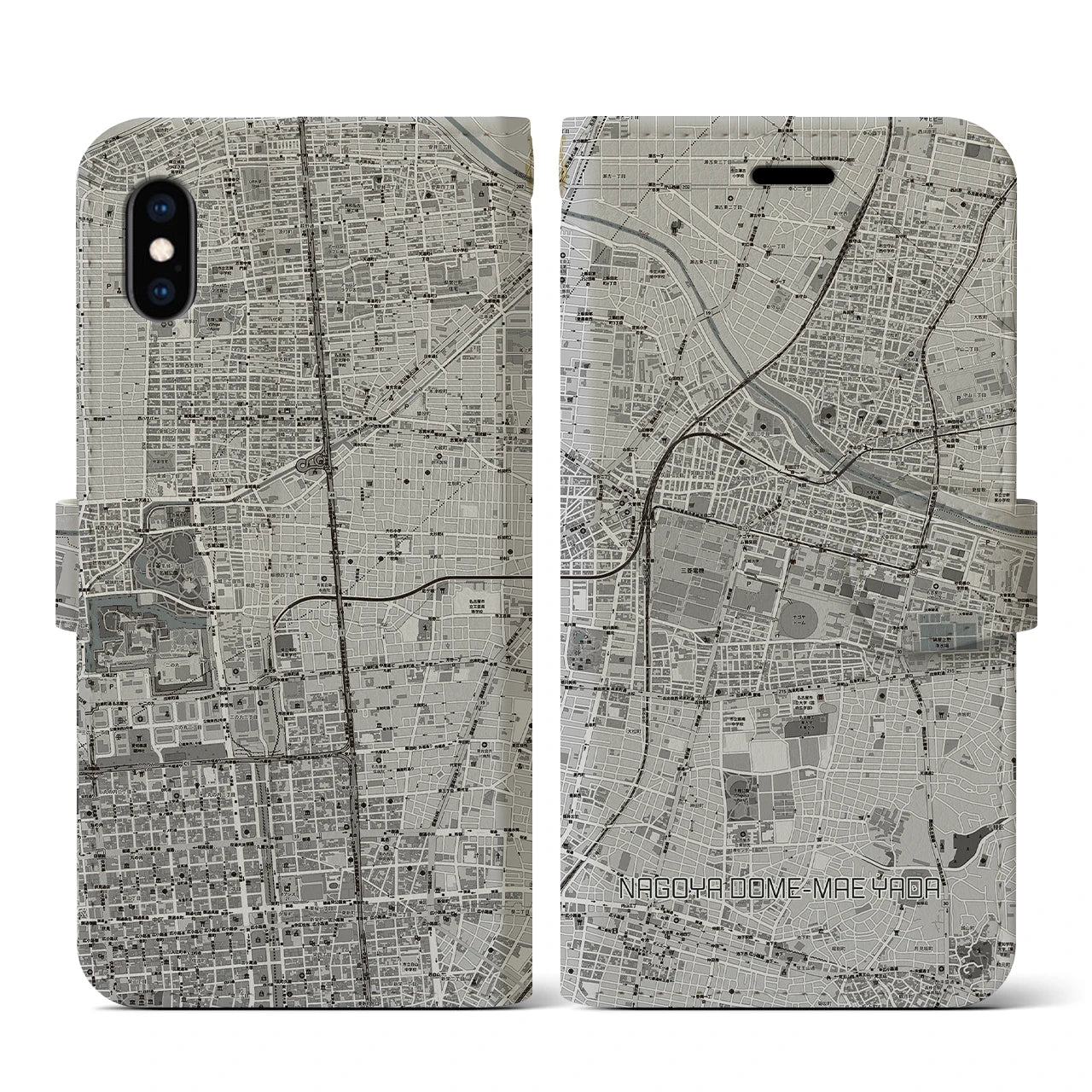 【ナゴヤドーム前矢田(愛知県)】地図柄iPhoneケース(手帳タイプ)モノトーン・iPhone XS / X 用