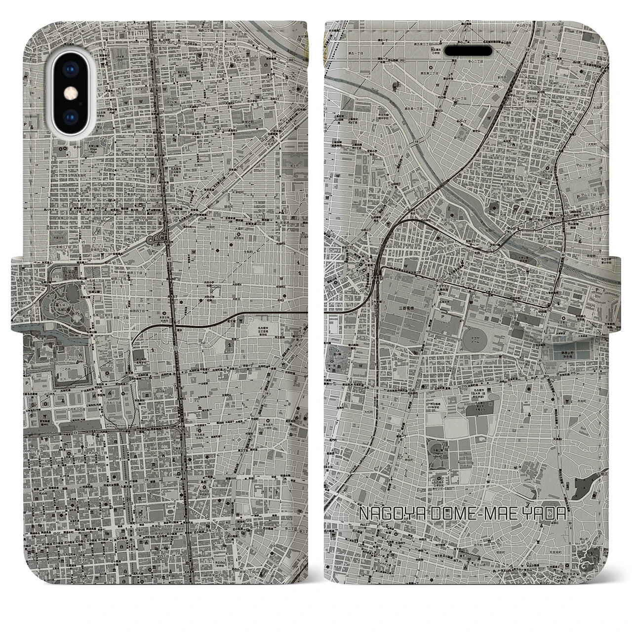 【ナゴヤドーム前矢田(愛知県)】地図柄iPhoneケース(手帳タイプ)モノトーン・iPhone XS Max 用