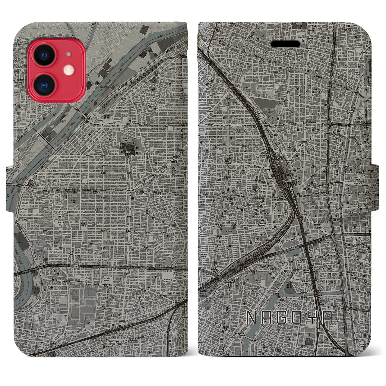 【名古屋2(愛知県)】地図柄iPhoneケース(手帳タイプ)モノトーン・iPhone 11 用