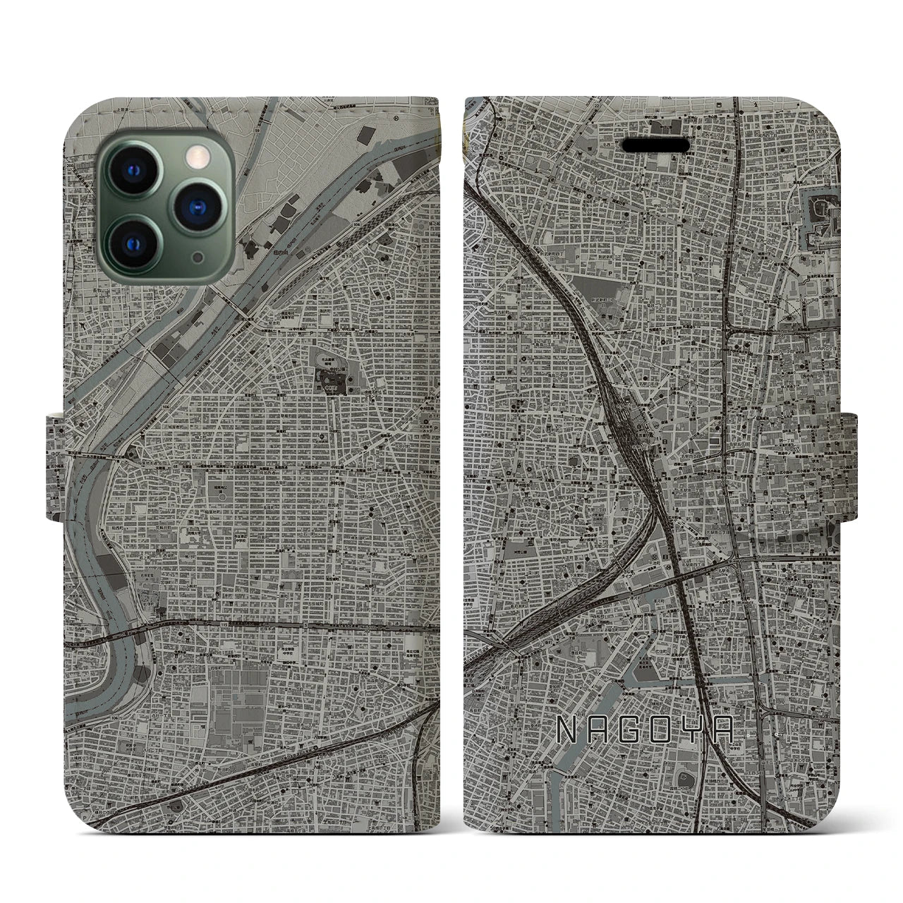 【名古屋2(愛知県)】地図柄iPhoneケース(手帳タイプ)モノトーン・iPhone 11 Pro 用