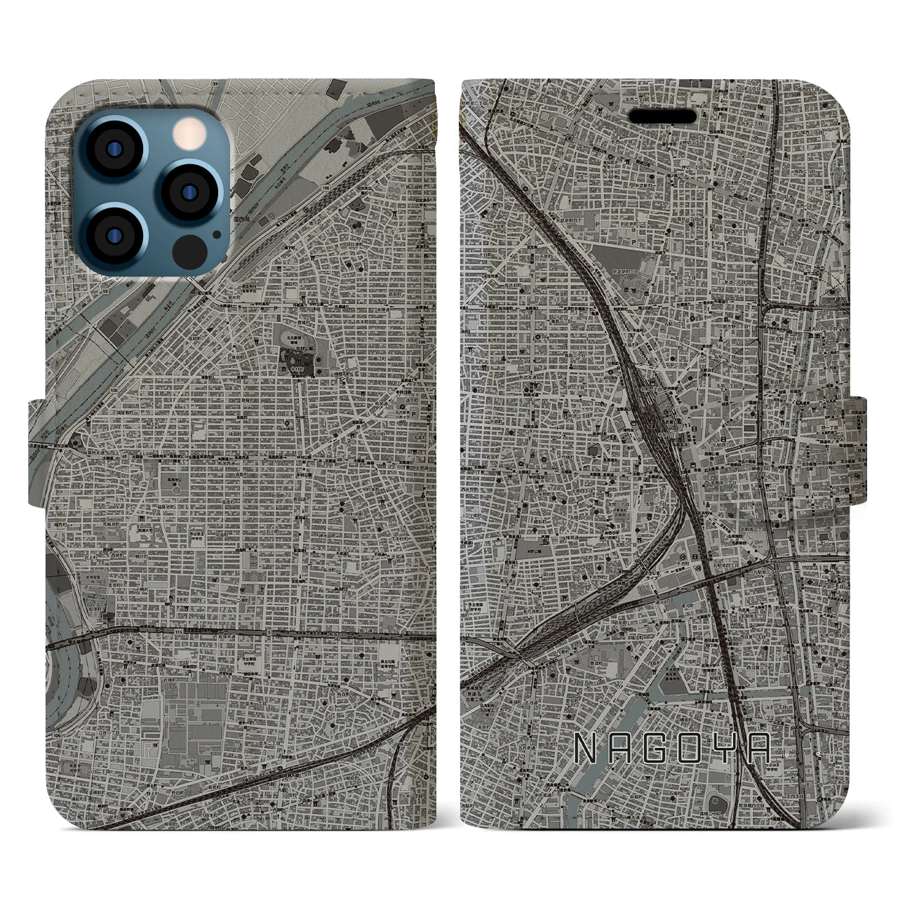 【名古屋2(愛知県)】地図柄iPhoneケース(手帳タイプ)モノトーン・iPhone 12 / 12 Pro 用