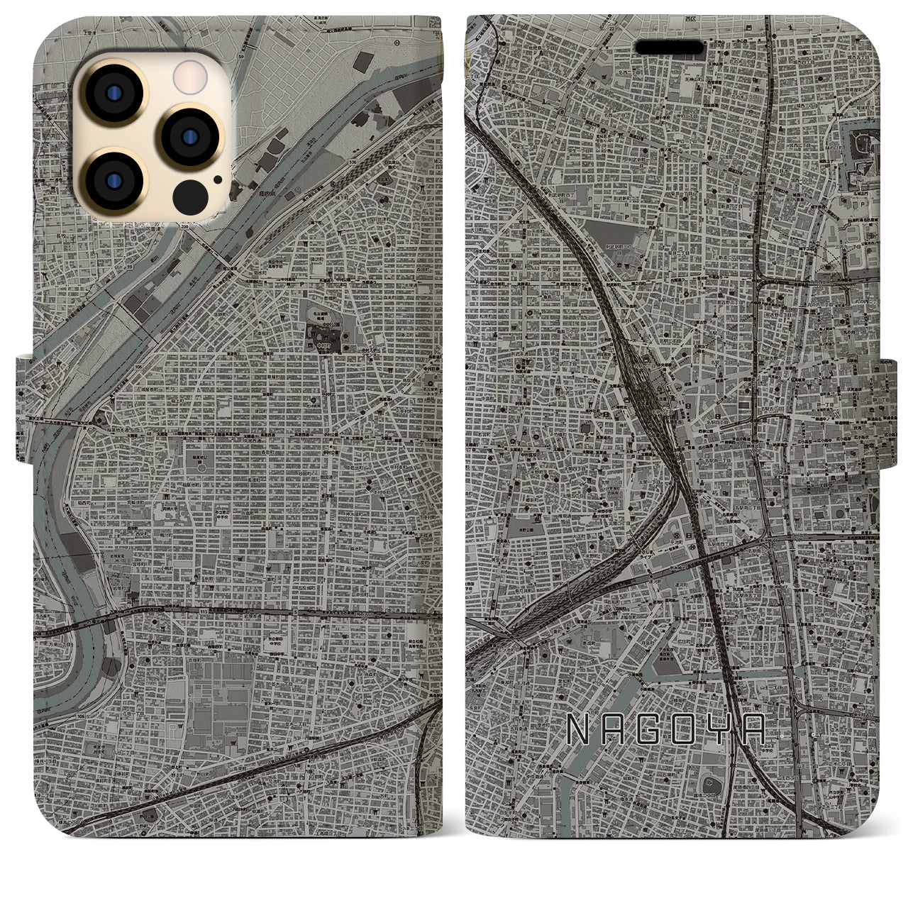 【名古屋2(愛知県)】地図柄iPhoneケース(手帳タイプ)モノトーン・iPhone 12 Pro Max 用