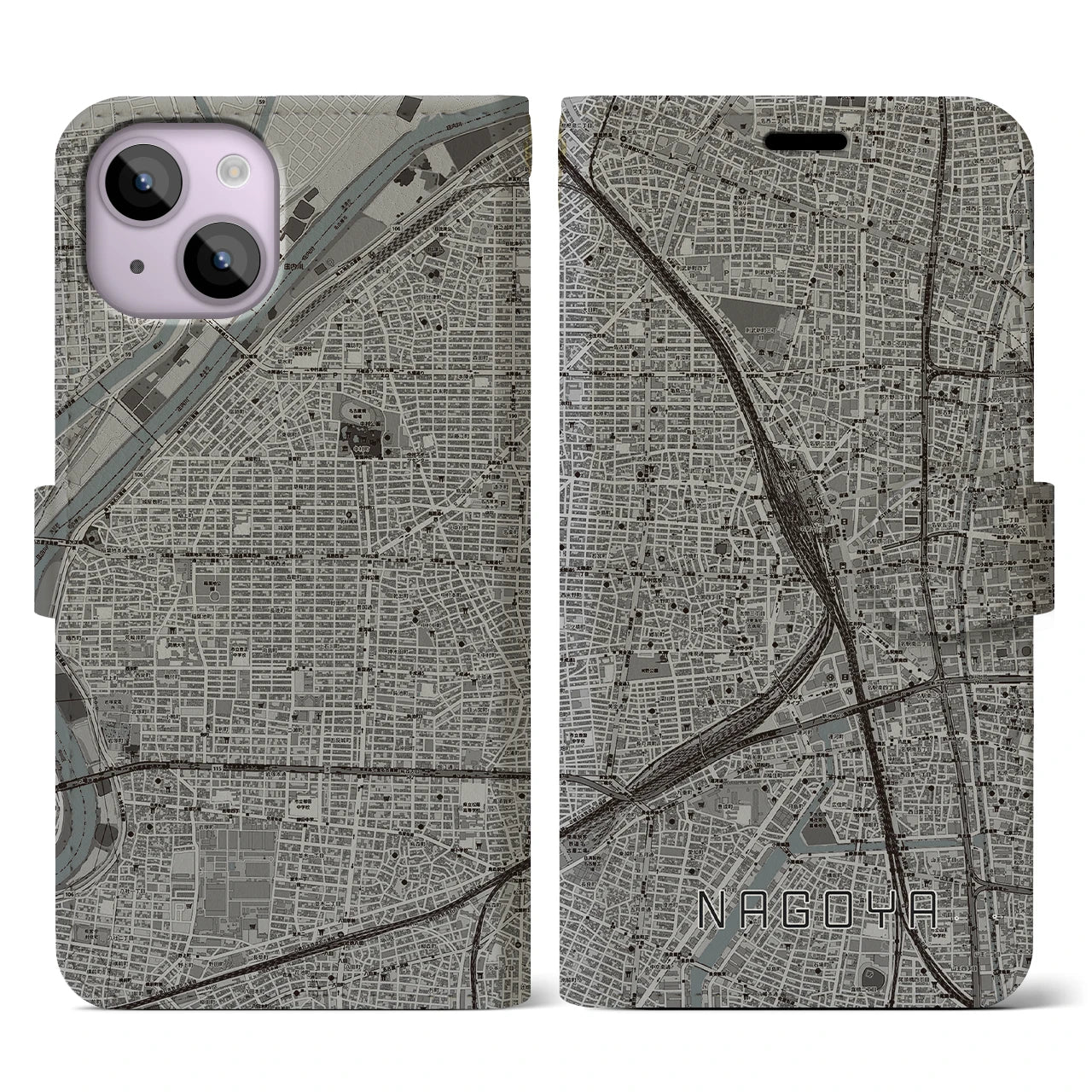 【名古屋2(愛知県)】地図柄iPhoneケース(手帳タイプ)モノトーン・iPhone 14 用
