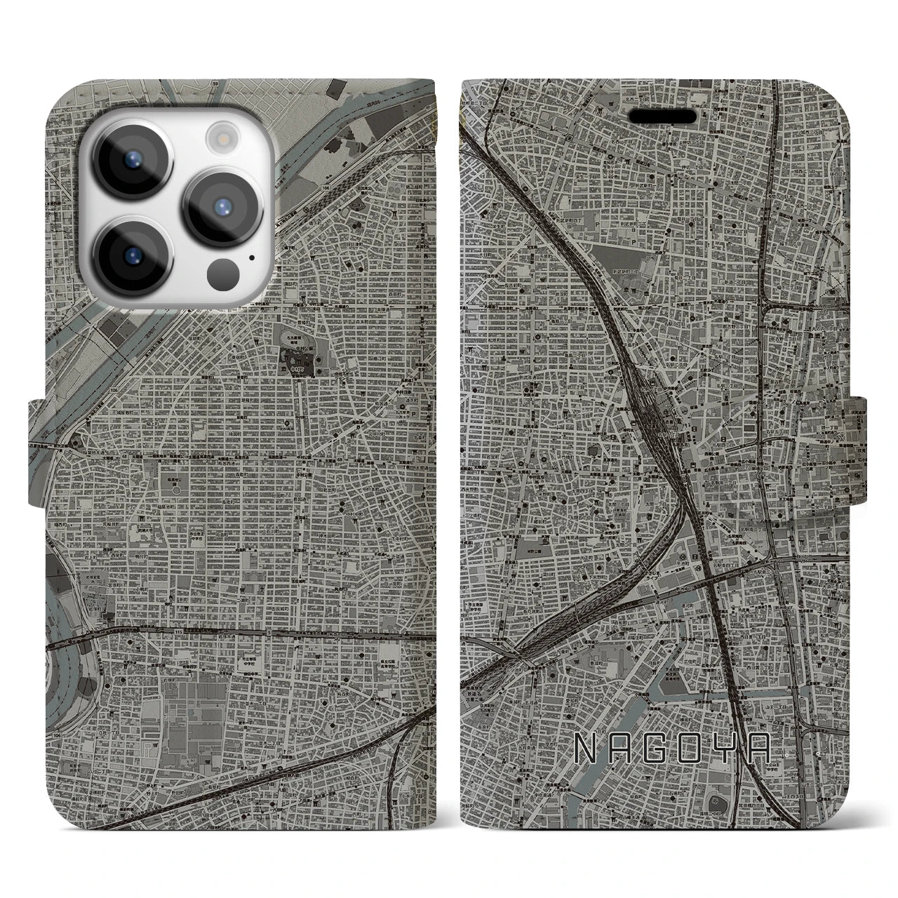【名古屋2(愛知県)】地図柄iPhoneケース(手帳タイプ)モノトーン・iPhone 14 Pro 用