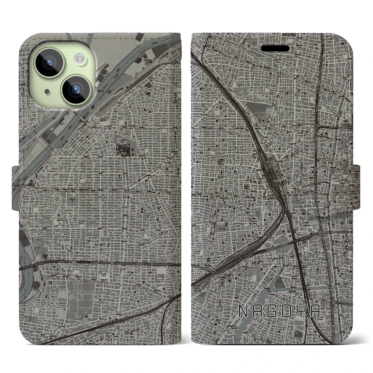 【名古屋2(愛知県)】地図柄iPhoneケース(手帳タイプ)モノトーン・iPhone 15 用