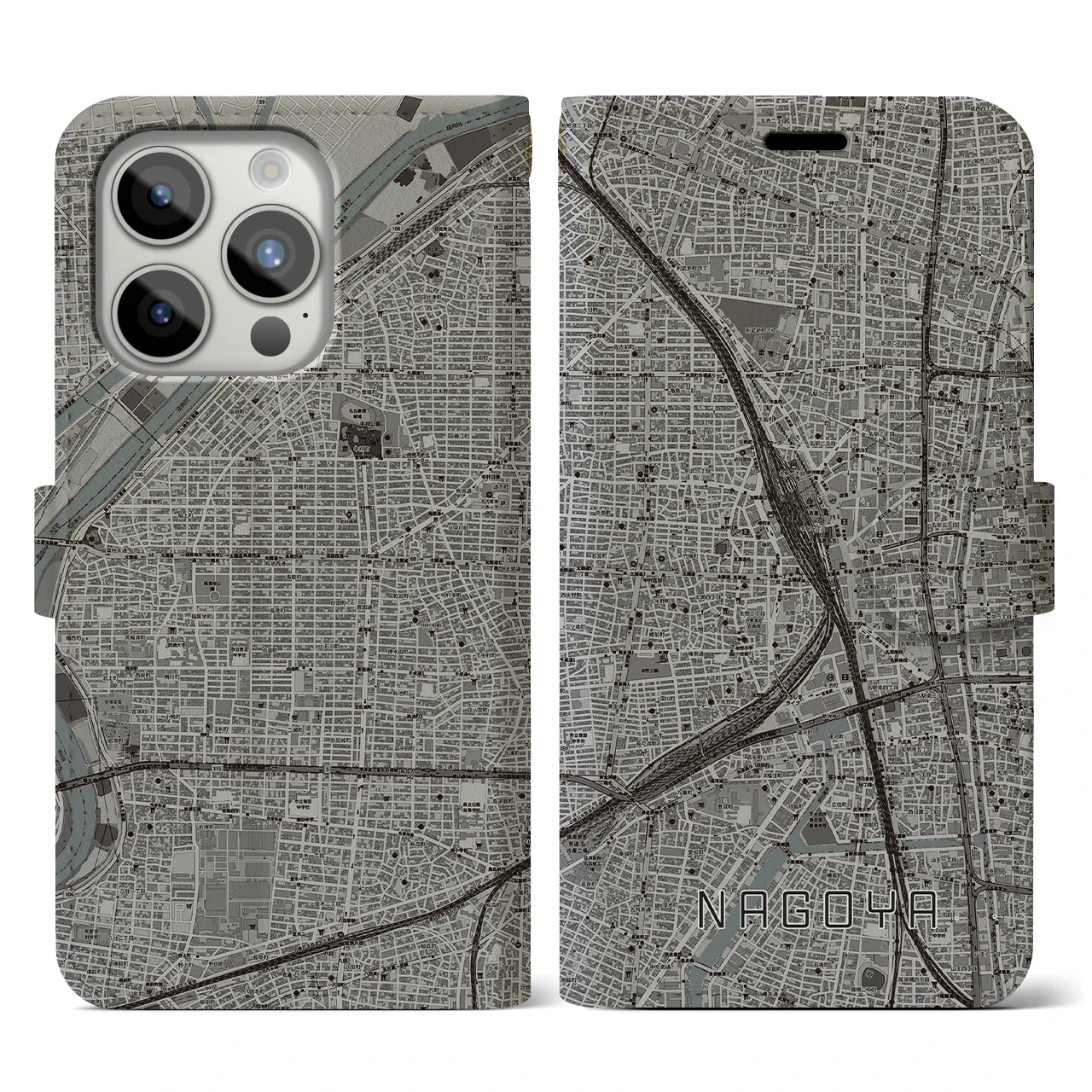 【名古屋2(愛知県)】地図柄iPhoneケース(手帳タイプ)モノトーン・iPhone 15 Pro 用