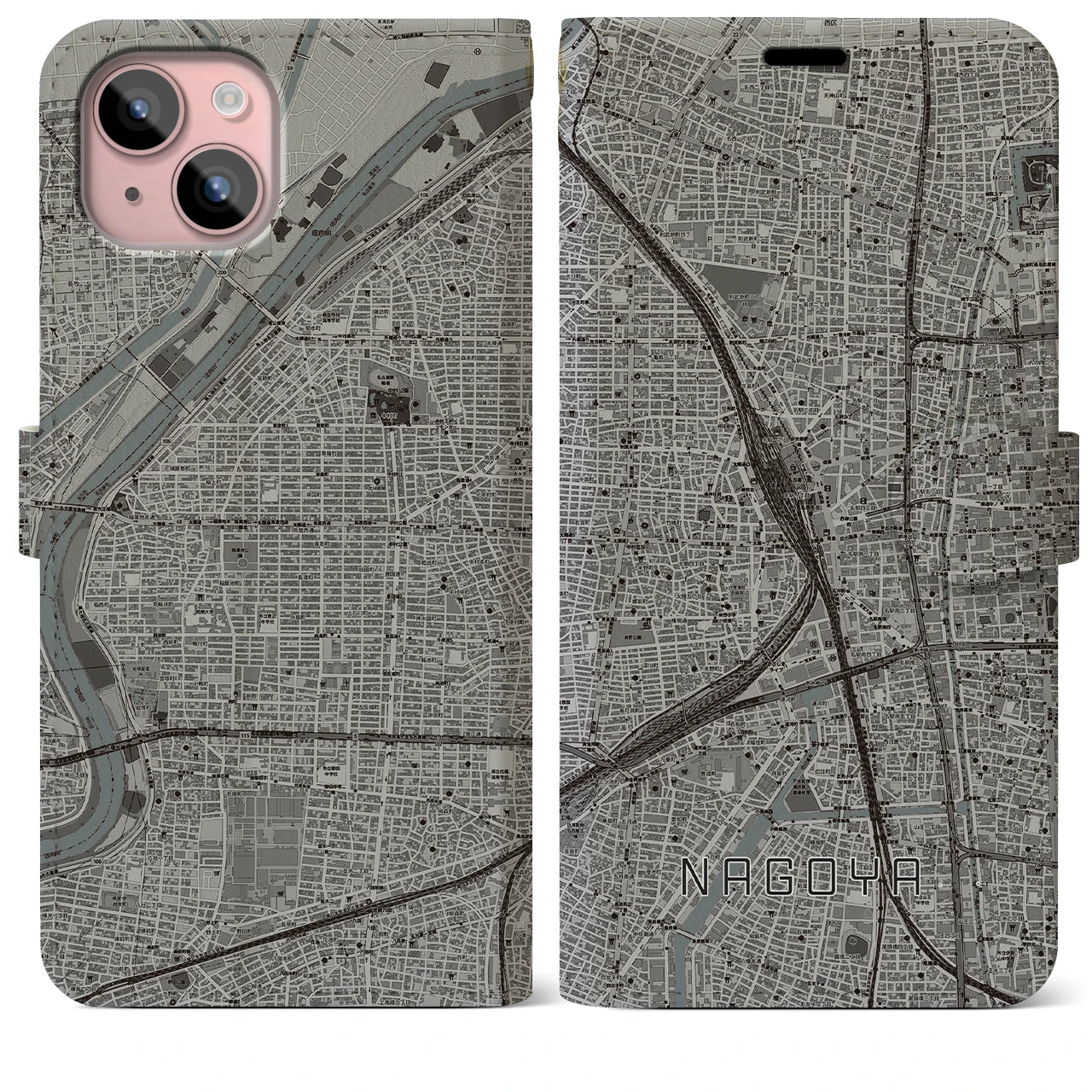 【名古屋2(愛知県)】地図柄iPhoneケース(手帳タイプ)モノトーン・iPhone 15 Plus 用