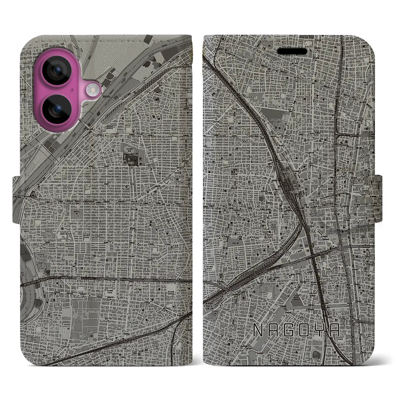 【名古屋2(愛知県)】地図柄iPhoneケース(手帳タイプ)モノトーン・iPhone 16 Pro 用