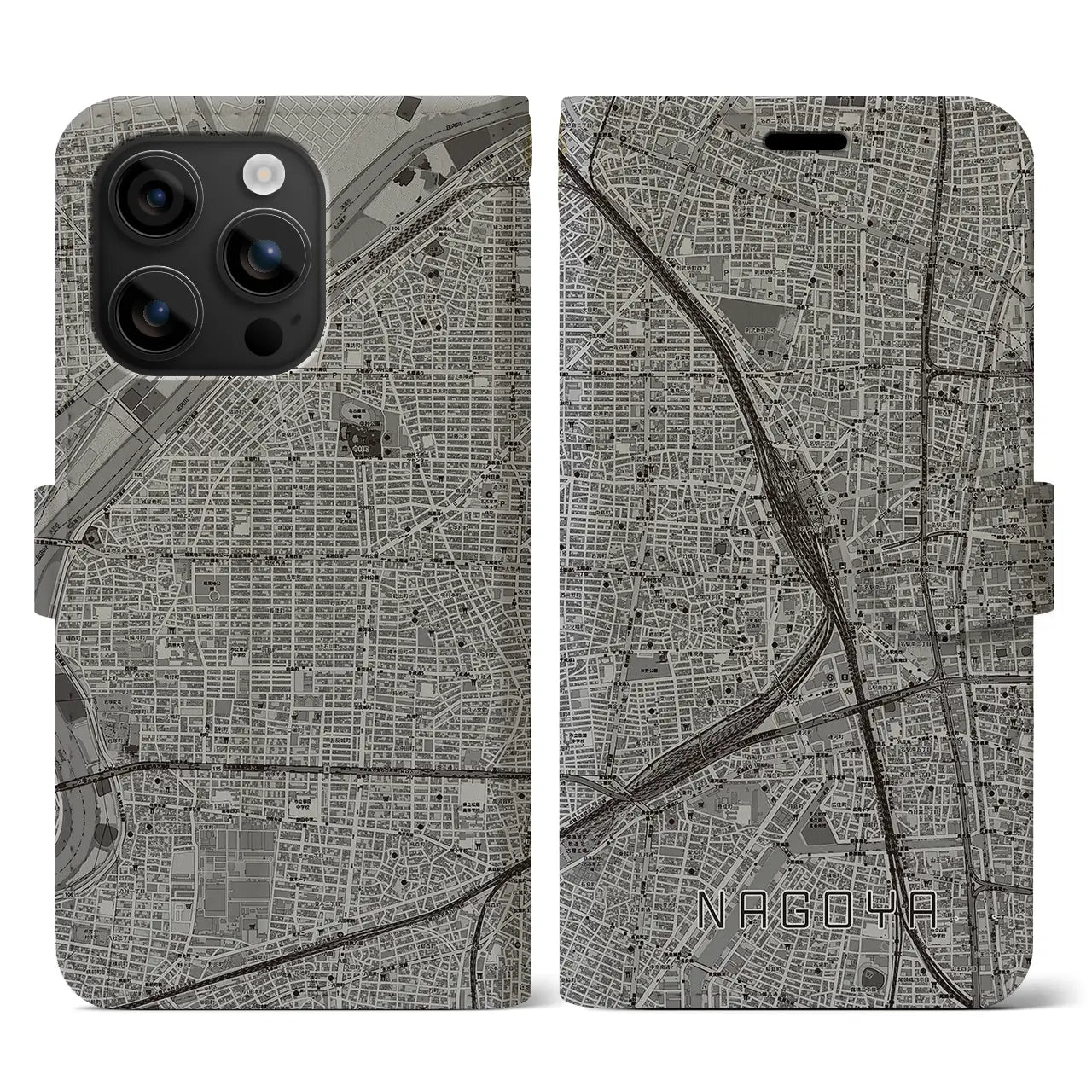 【名古屋2(愛知県)】地図柄iPhoneケース(手帳タイプ)モノトーン・iPhone 16 用