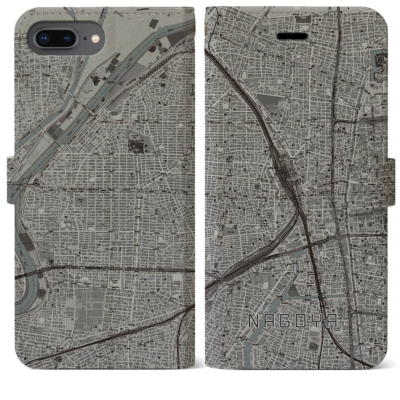 【名古屋2(愛知県)】地図柄iPhoneケース(手帳タイプ)モノトーン・iPhone 8Plus /7Plus / 6sPlus / 6Plus 用
